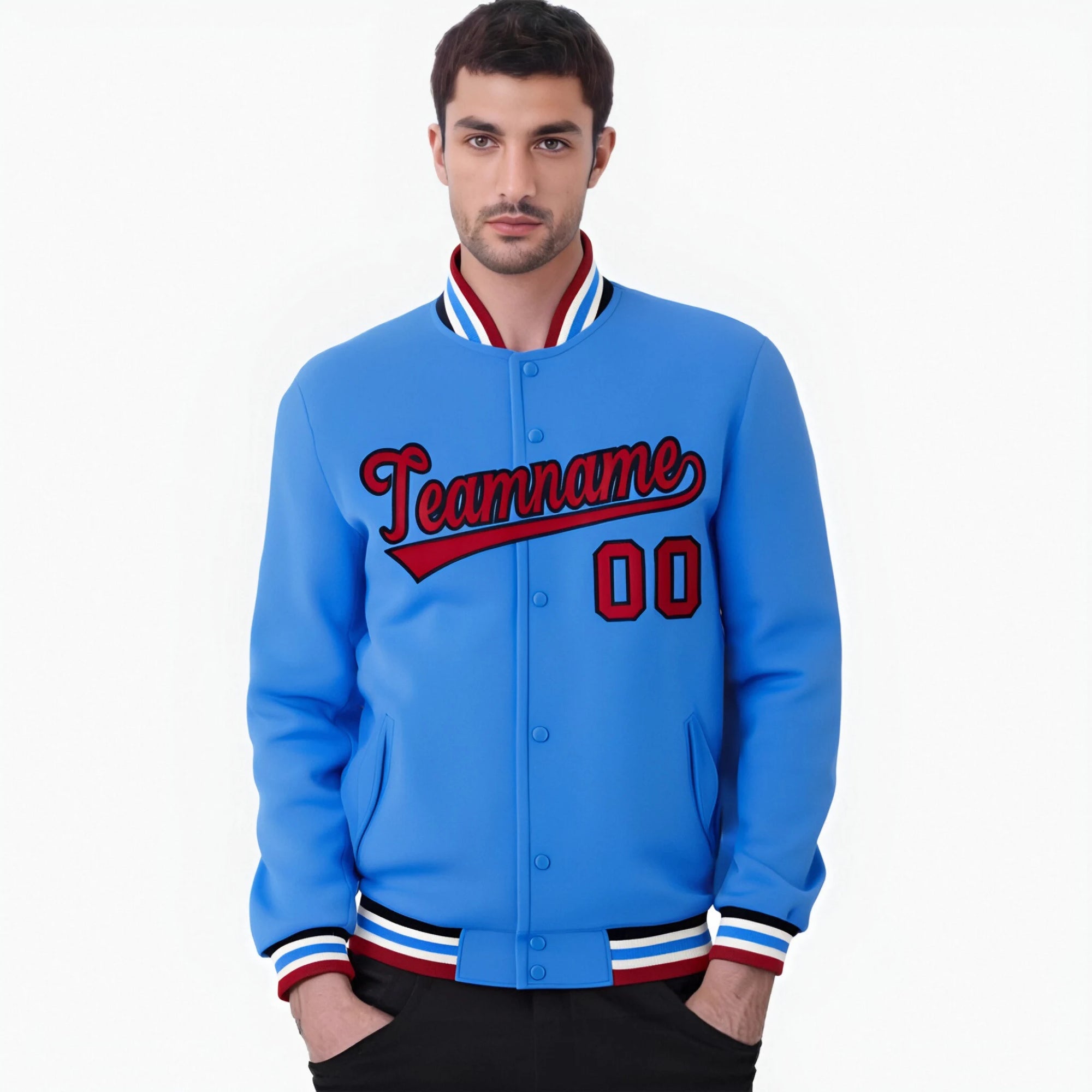 Custom Electric Blue Red-Black Bomber Full-Snap Varsity Letterman Jacket