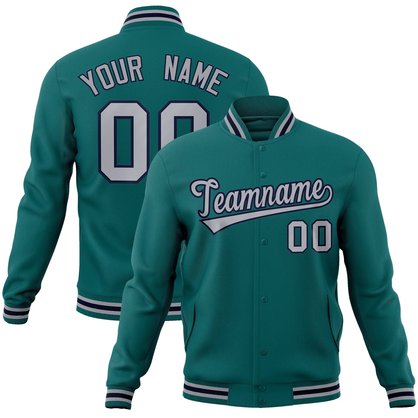 Custom Aqua Gray-Navy Bomber Full-Snap Varsity Letterman Jacket