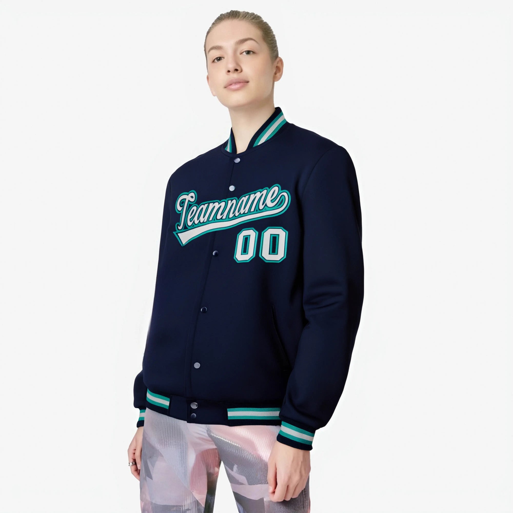 Custom Navy Gray-Aqua Bomber Full-Snap Varsity Letterman Jacket