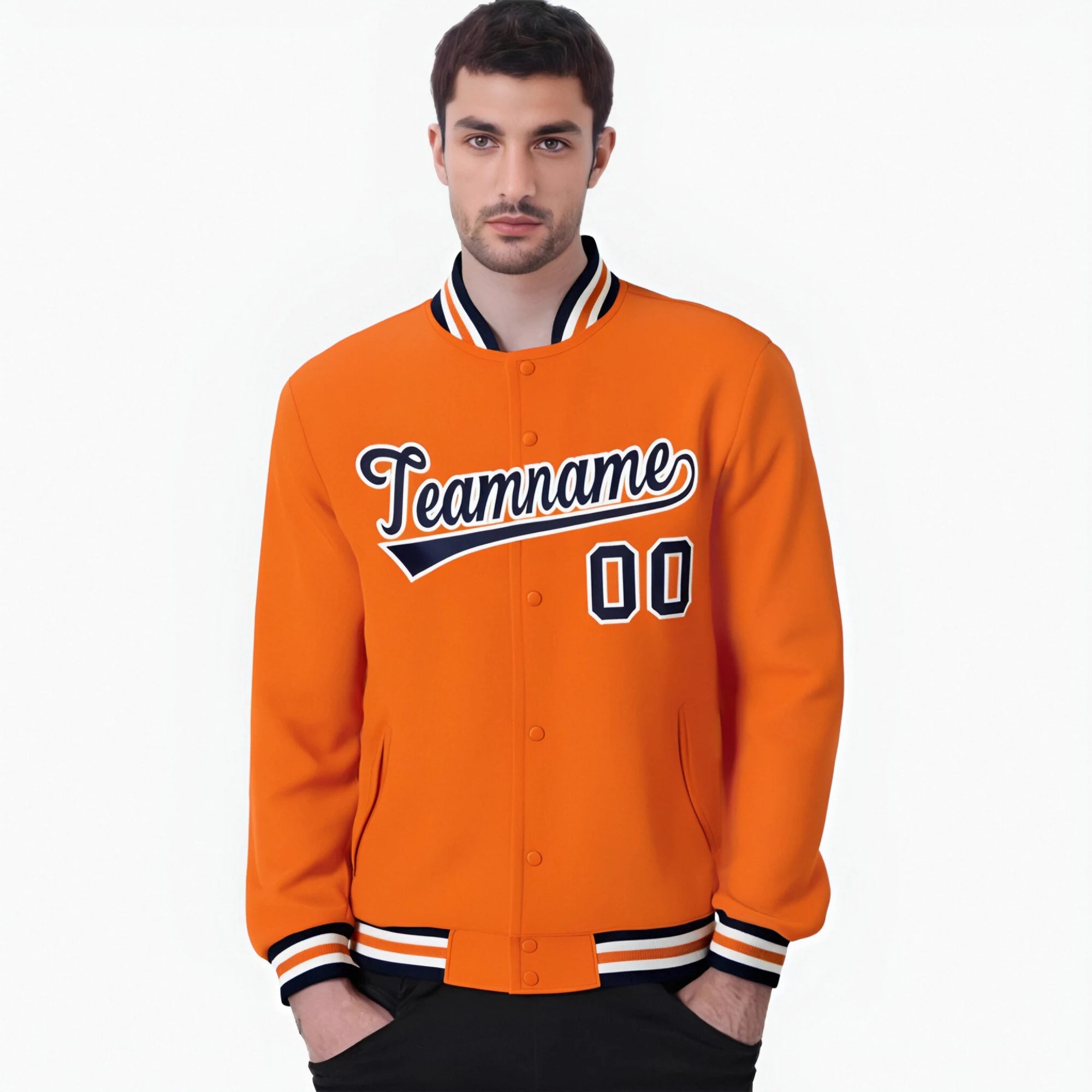 Custom Orange Navy-White Bomber Full-Snap Varsity Letterman Jacket