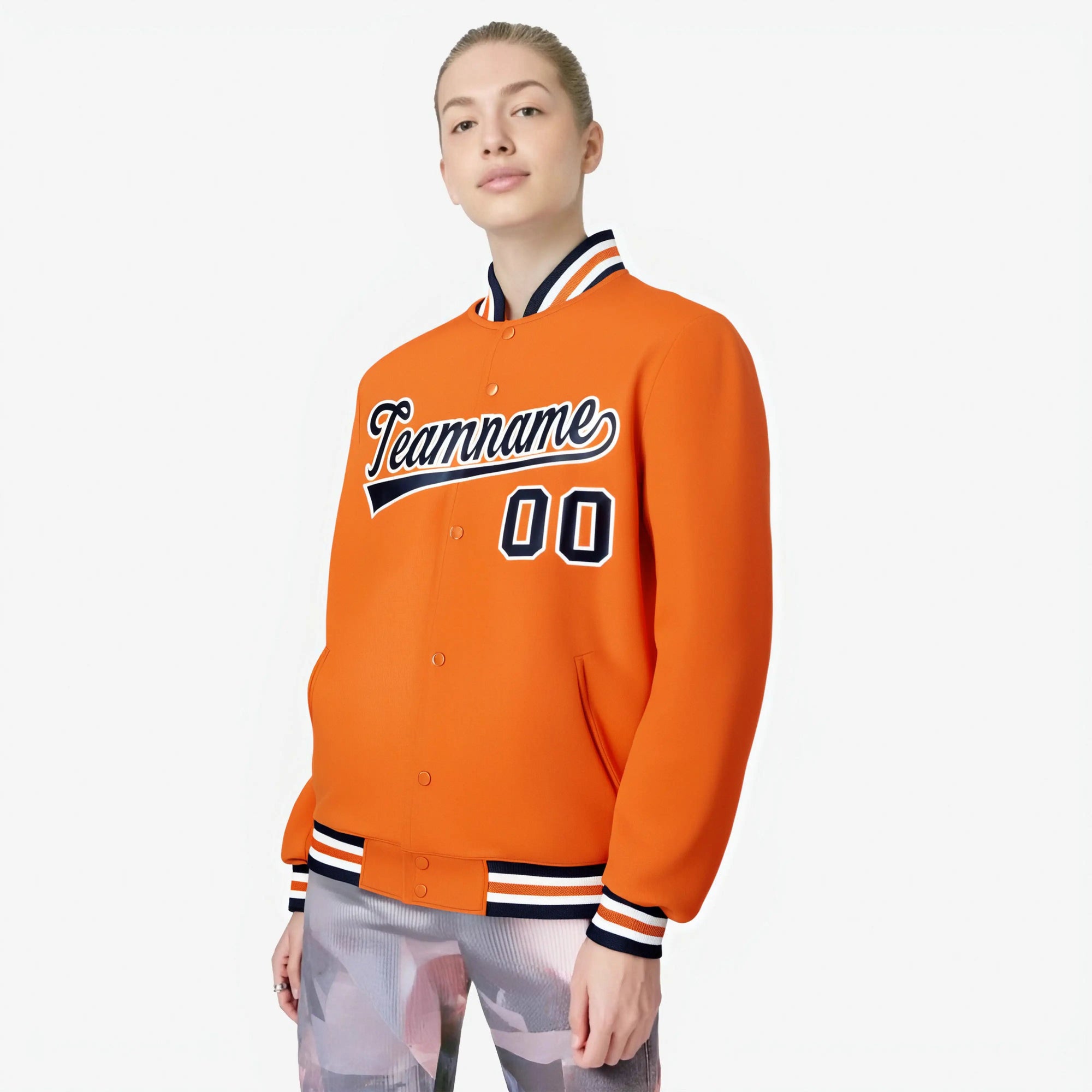 Custom Orange Navy-White Bomber Full-Snap Varsity Letterman Jacket