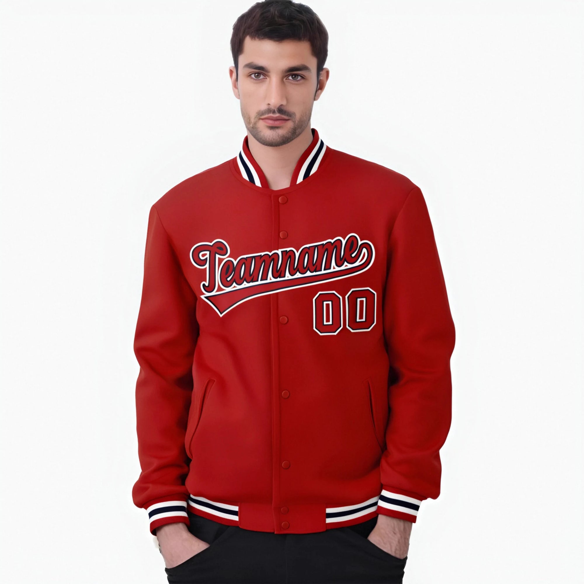 Custom Royal Red Burgundy-White Bomber Full-Snap Varsity Letterman Jacket