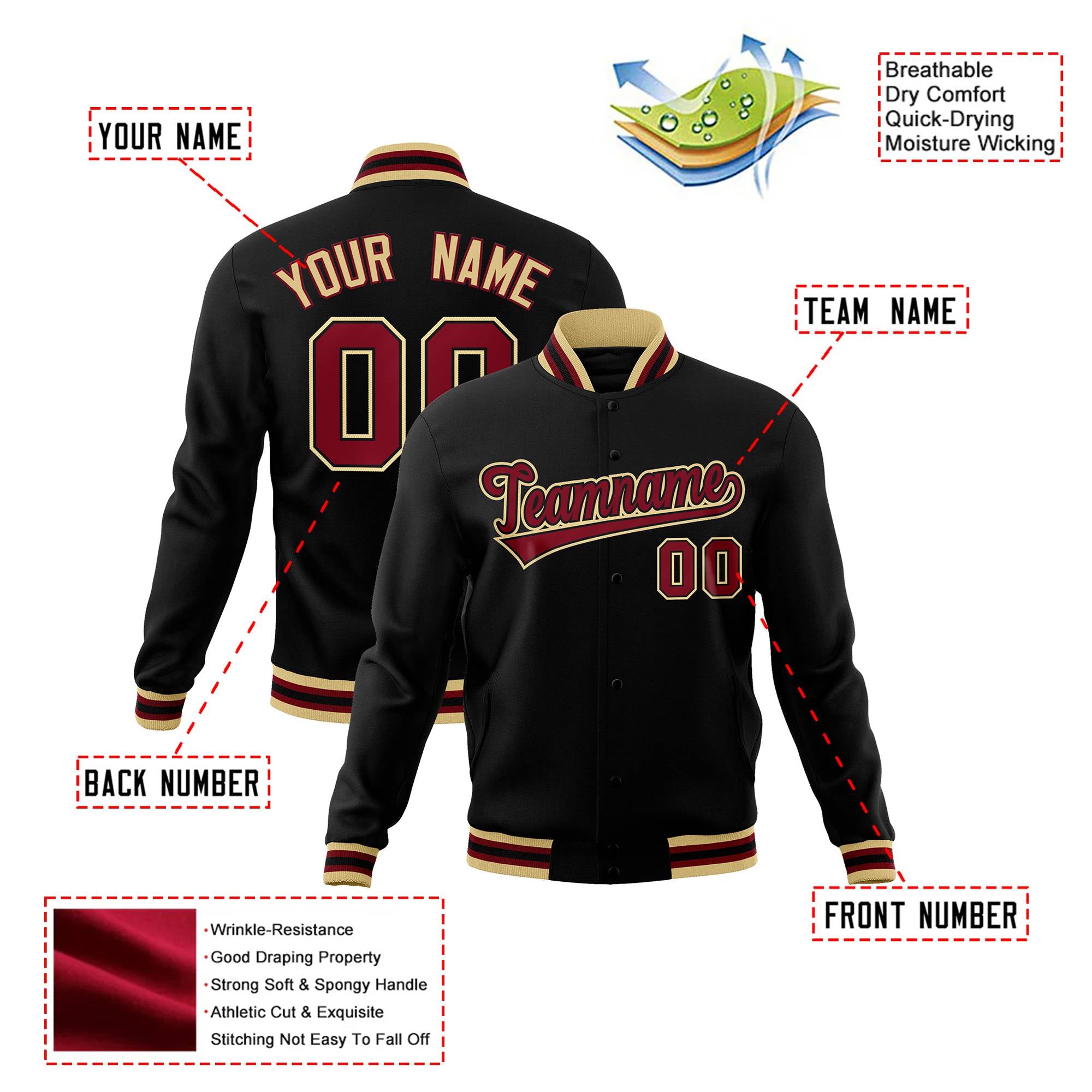 Custom Black Burgundy Old-Gold Bomber Full-Snap Varsity Letterman Jacket