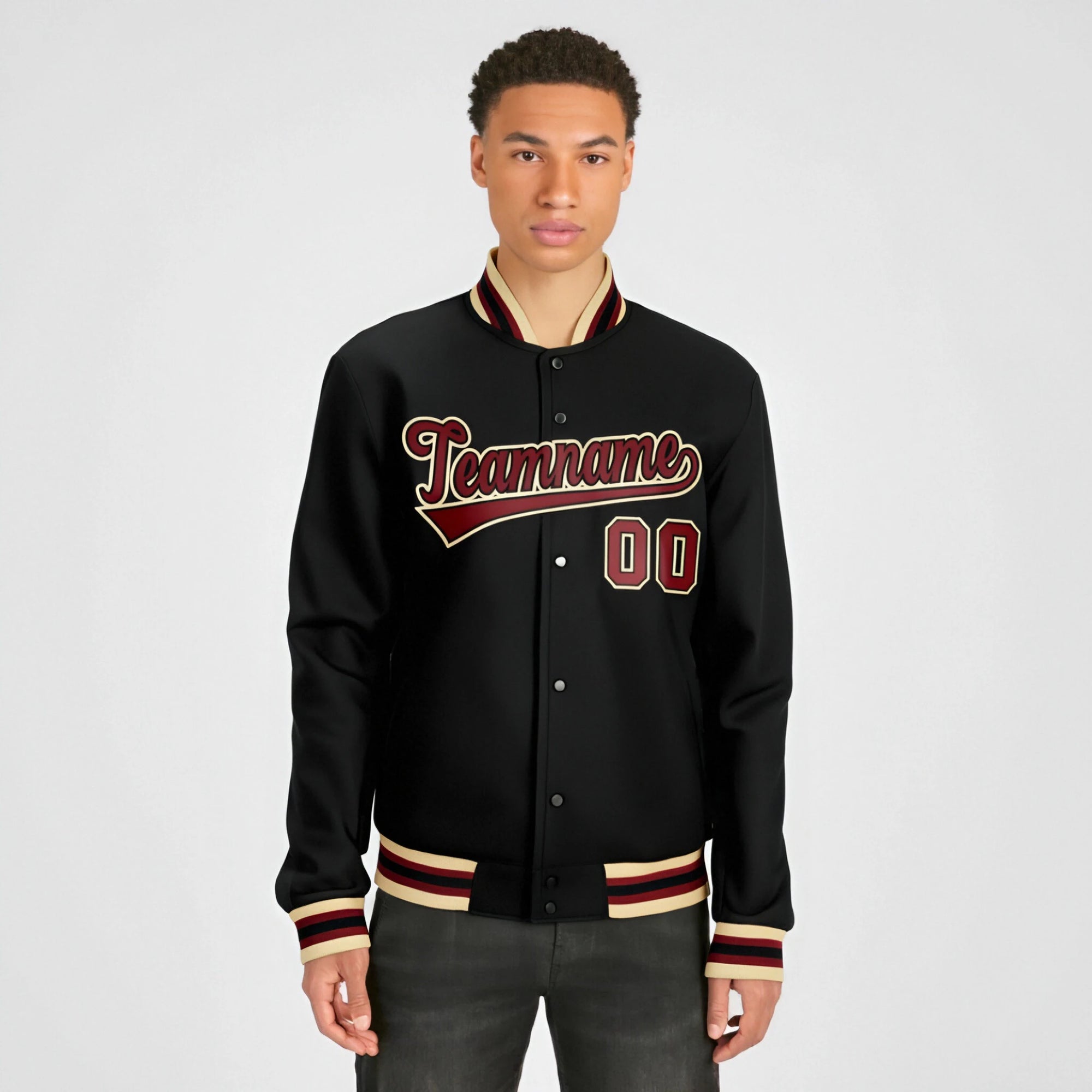 Custom Black Burgundy Old-Gold Bomber Full-Snap Varsity Letterman Jacket