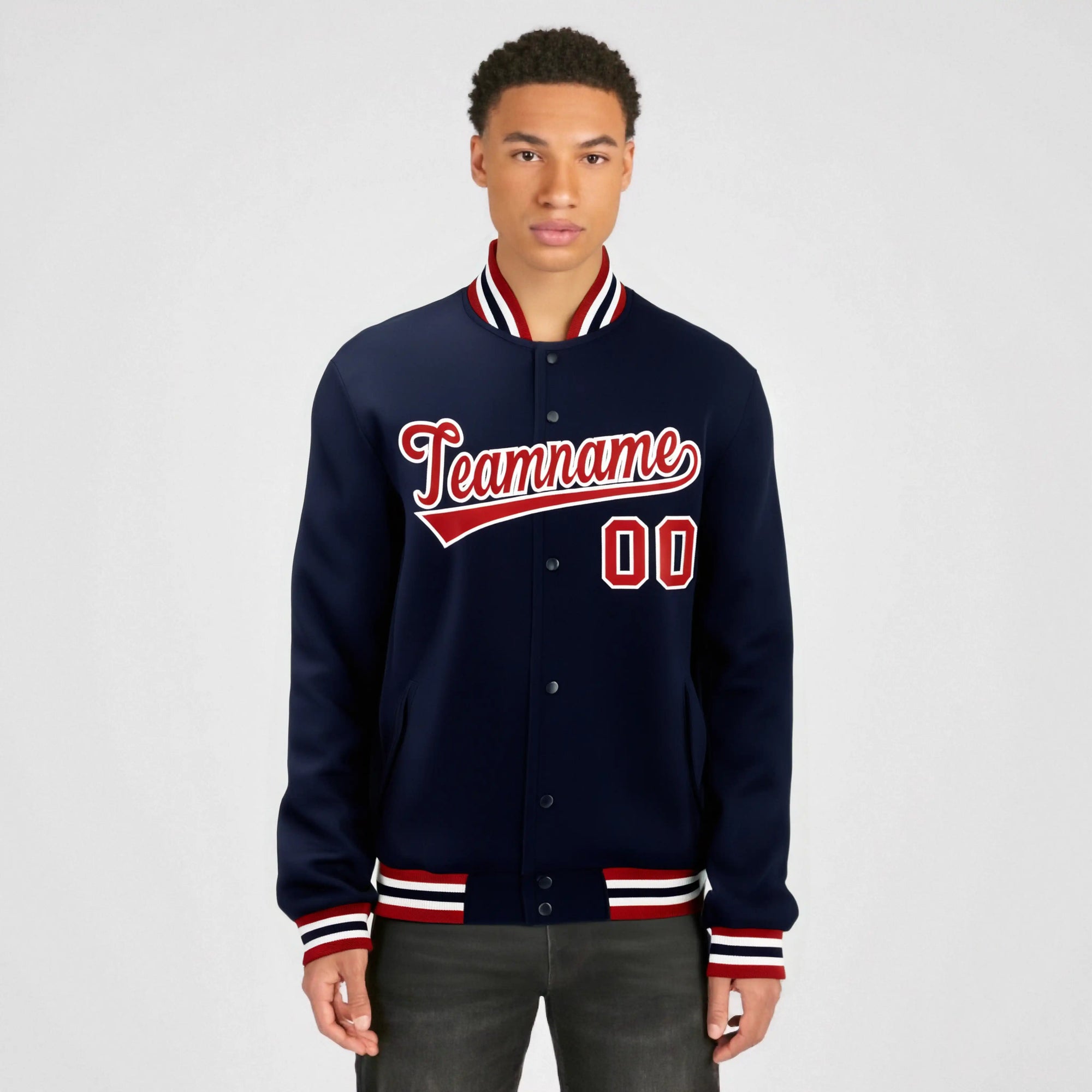 Custom Navy Red-White Bomber Full-Snap Varsity Letterman Jacket