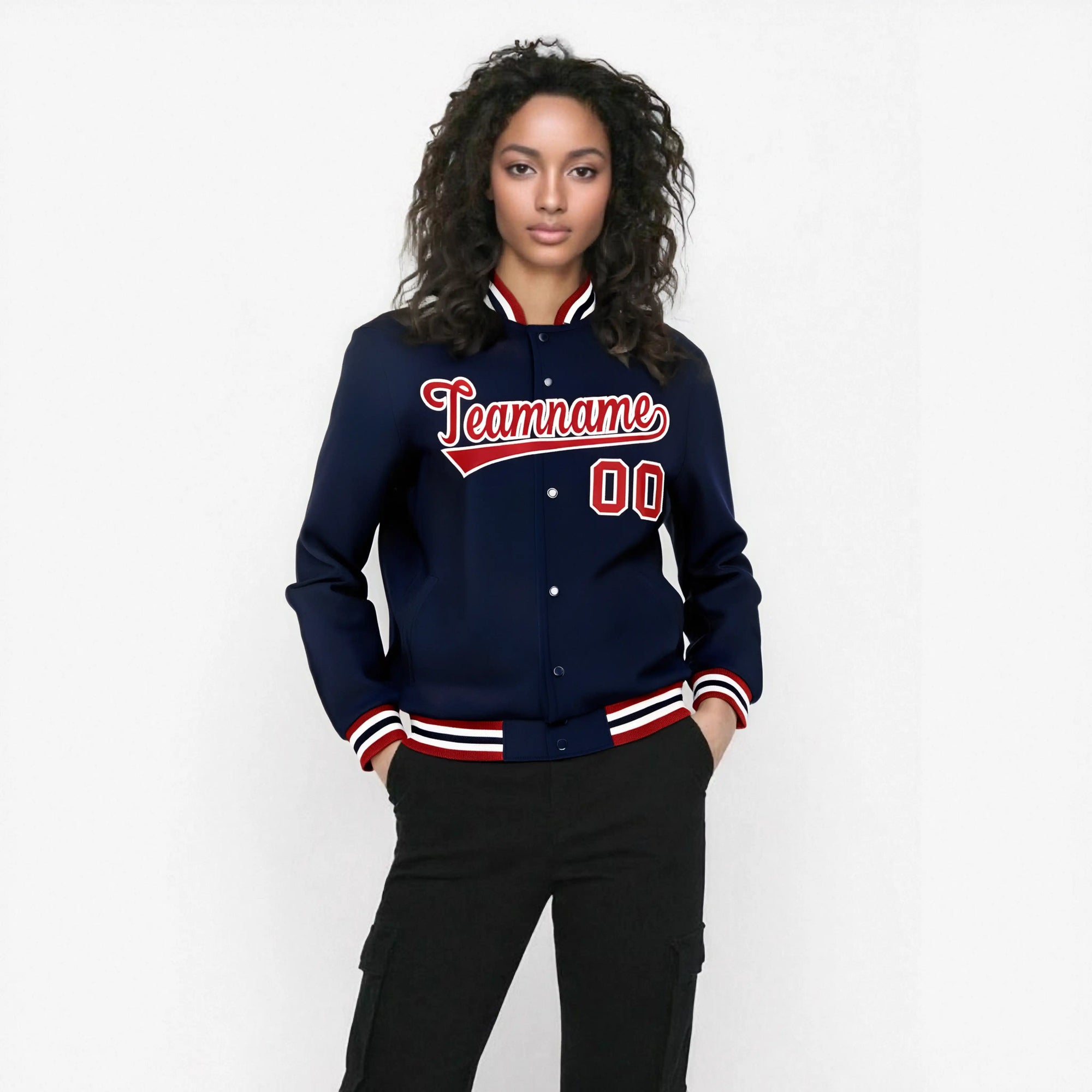 Custom Navy Red-White Bomber Full-Snap Varsity Letterman Jacket