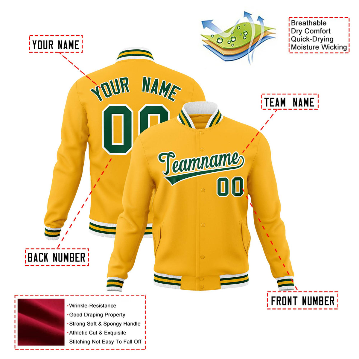 Custom Gold Kelly-Green White Bomber Full-Snap Varsity Letterman Jacket