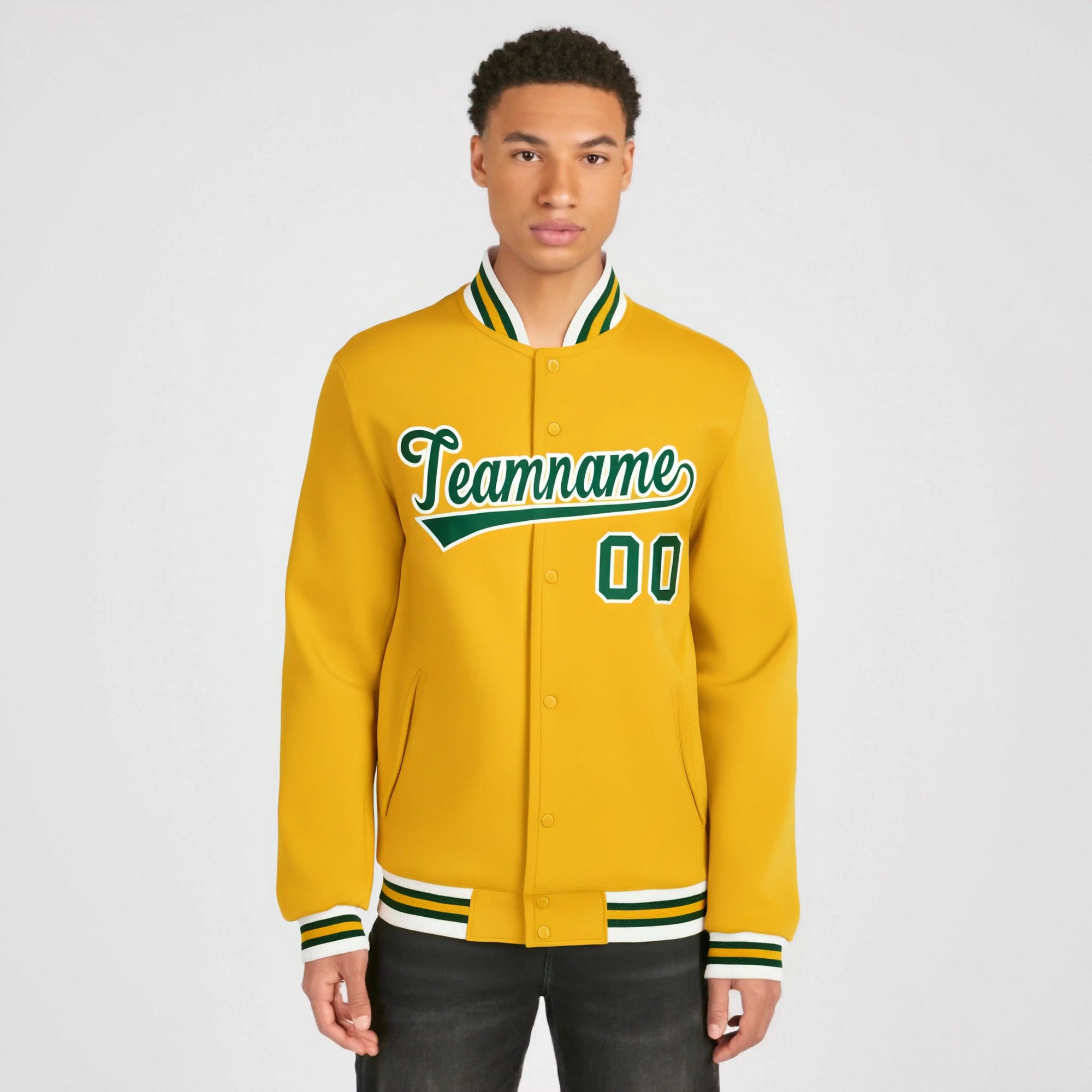 Custom Gold Kelly-Green White Bomber Full-Snap Varsity Letterman Jacket