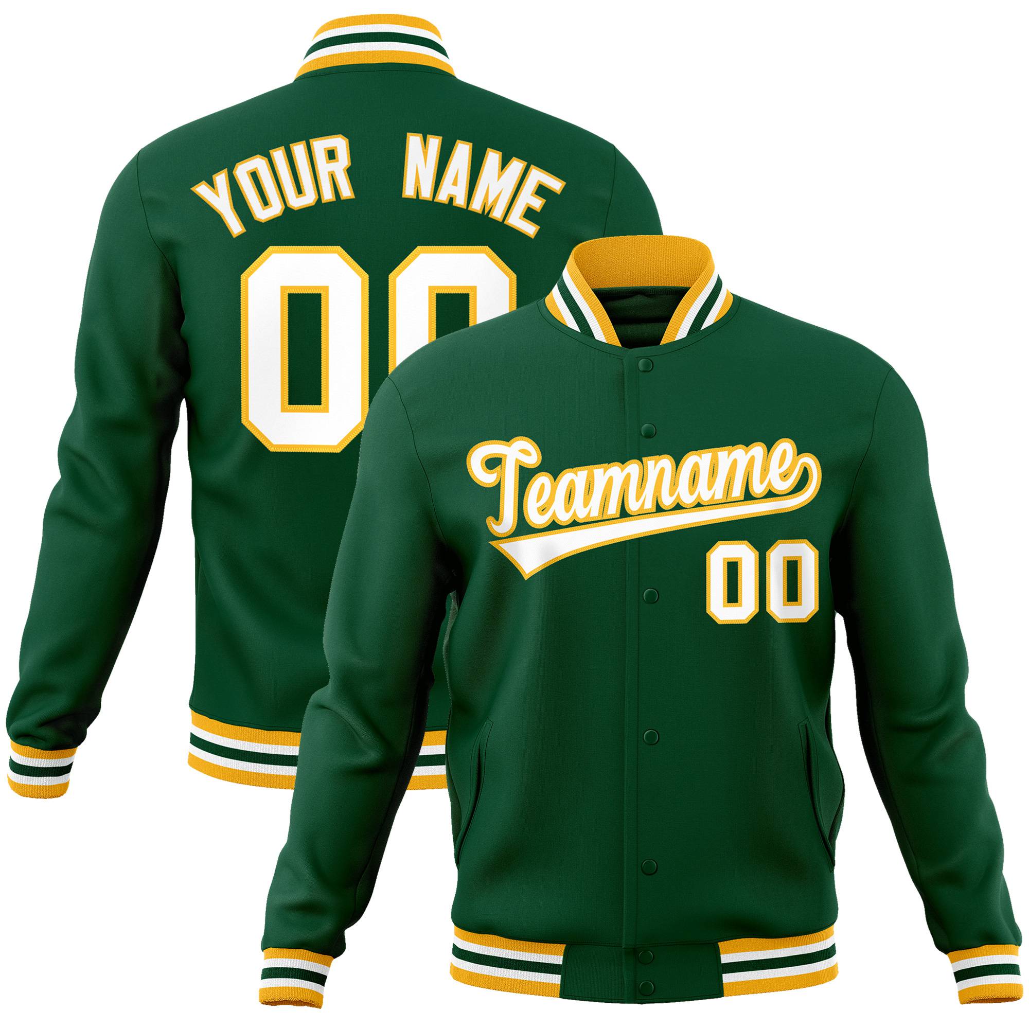 Custom Kelly-Green White-Gold Bomber Full-Snap Varsity Letterman Jacket