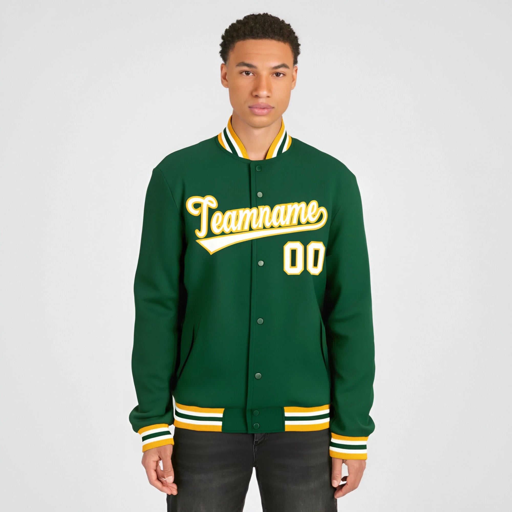 Custom Kelly-Green White-Gold Bomber Full-Snap Varsity Letterman Jacket