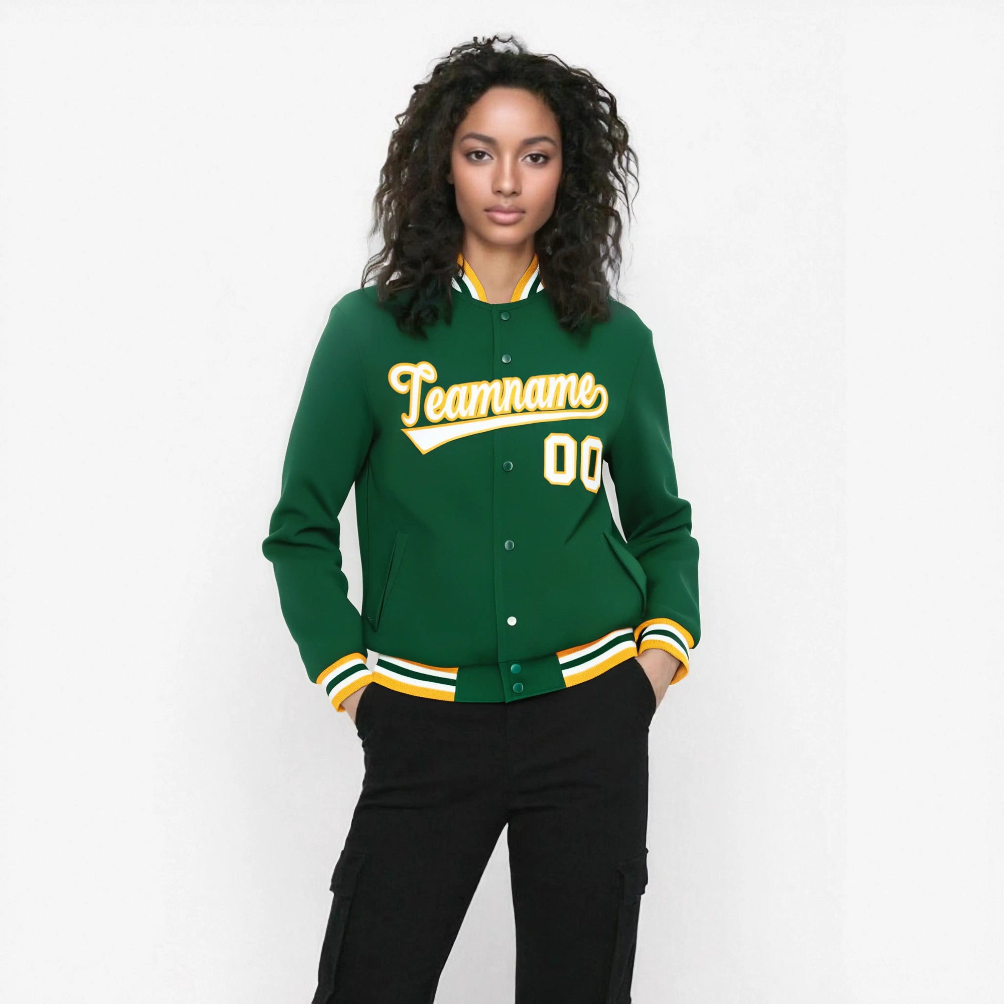 Custom Kelly-Green White-Gold Bomber Full-Snap Varsity Letterman Jacket