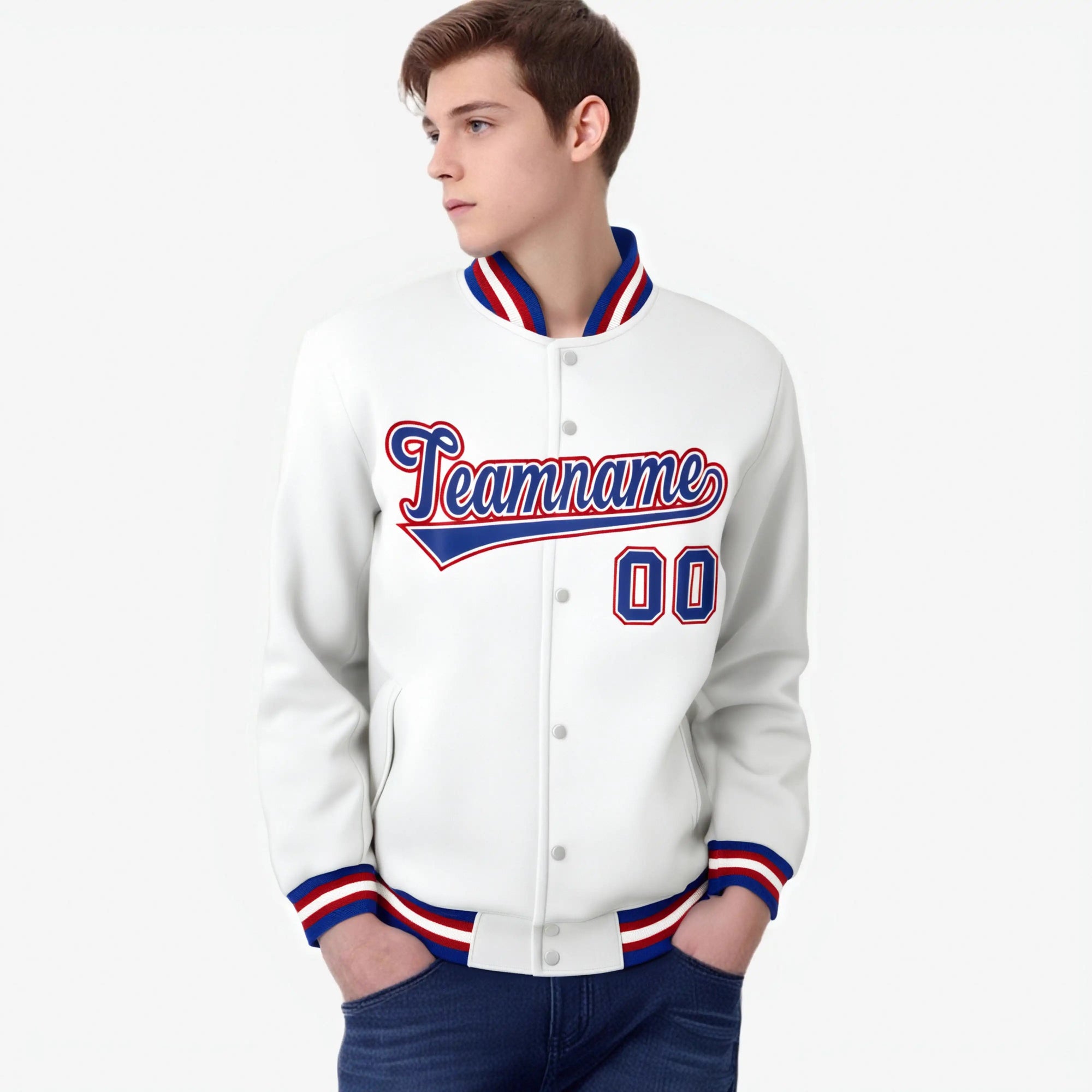 Custom White Navy Blue Red Bomber Full-Snap Varsity Letterman Jacket