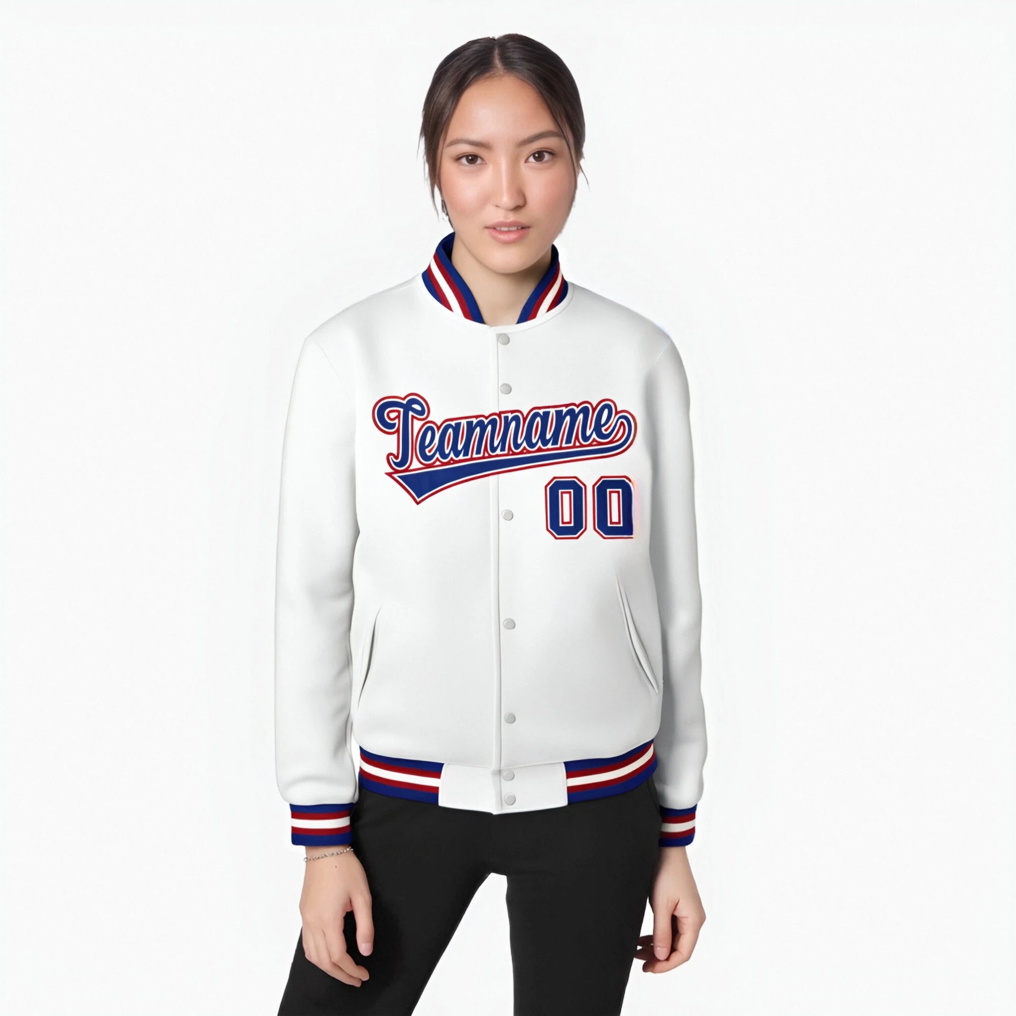 Custom White Navy Blue Red Bomber Full-Snap Varsity Letterman Jacket