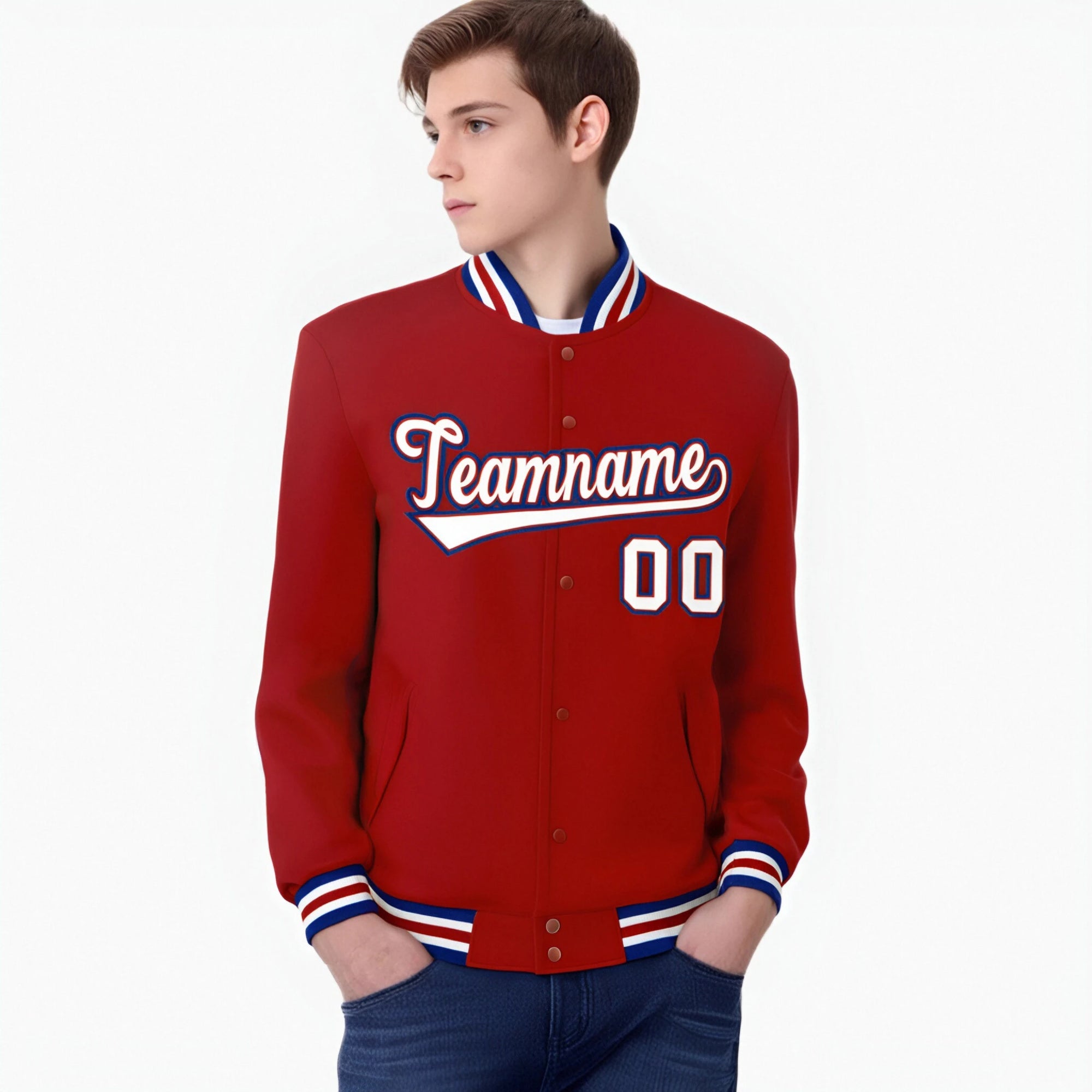 Custom Royal Red White Navy-Blue Bomber Full-Snap Varsity Letterman Jacket