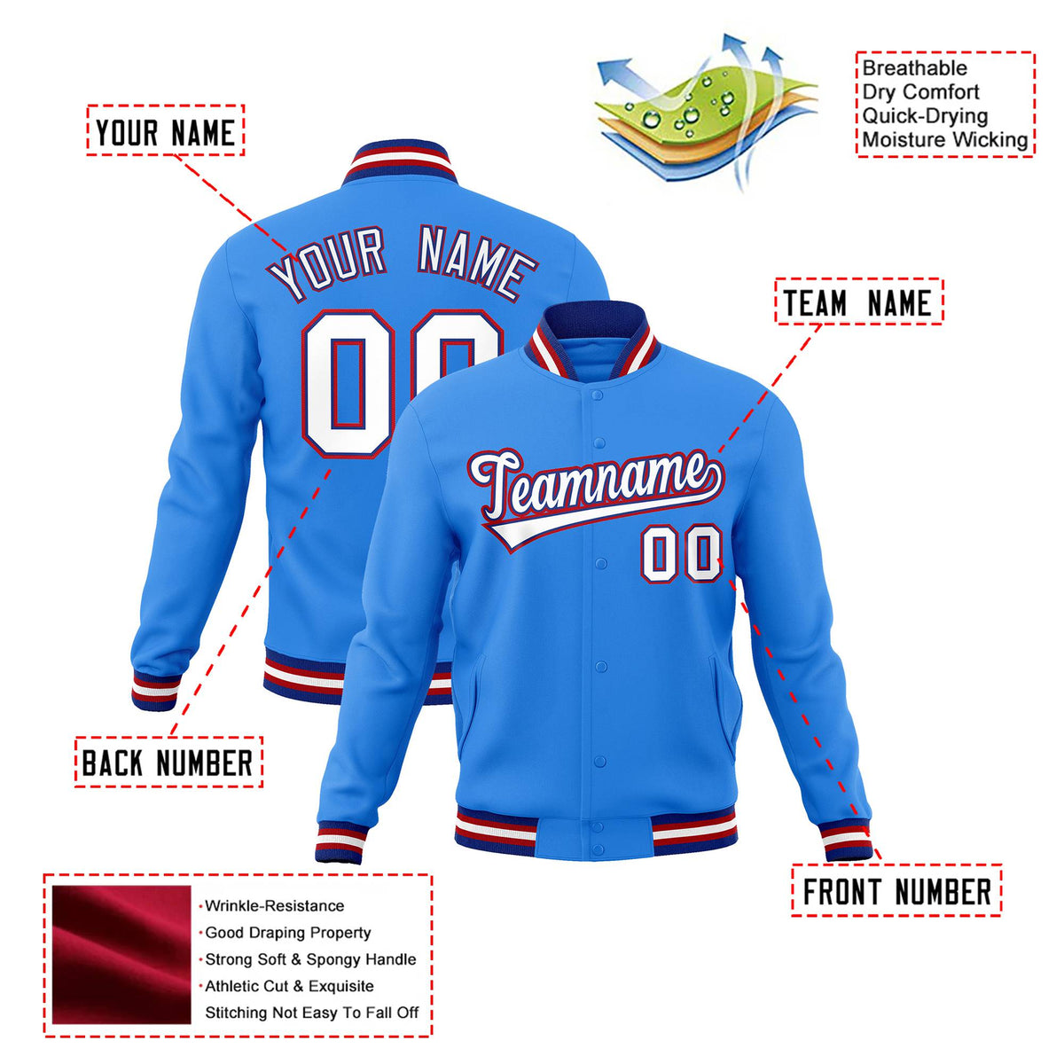 Custom Light Blue White-Red Bomber Full-Snap Varsity Letterman Jacket