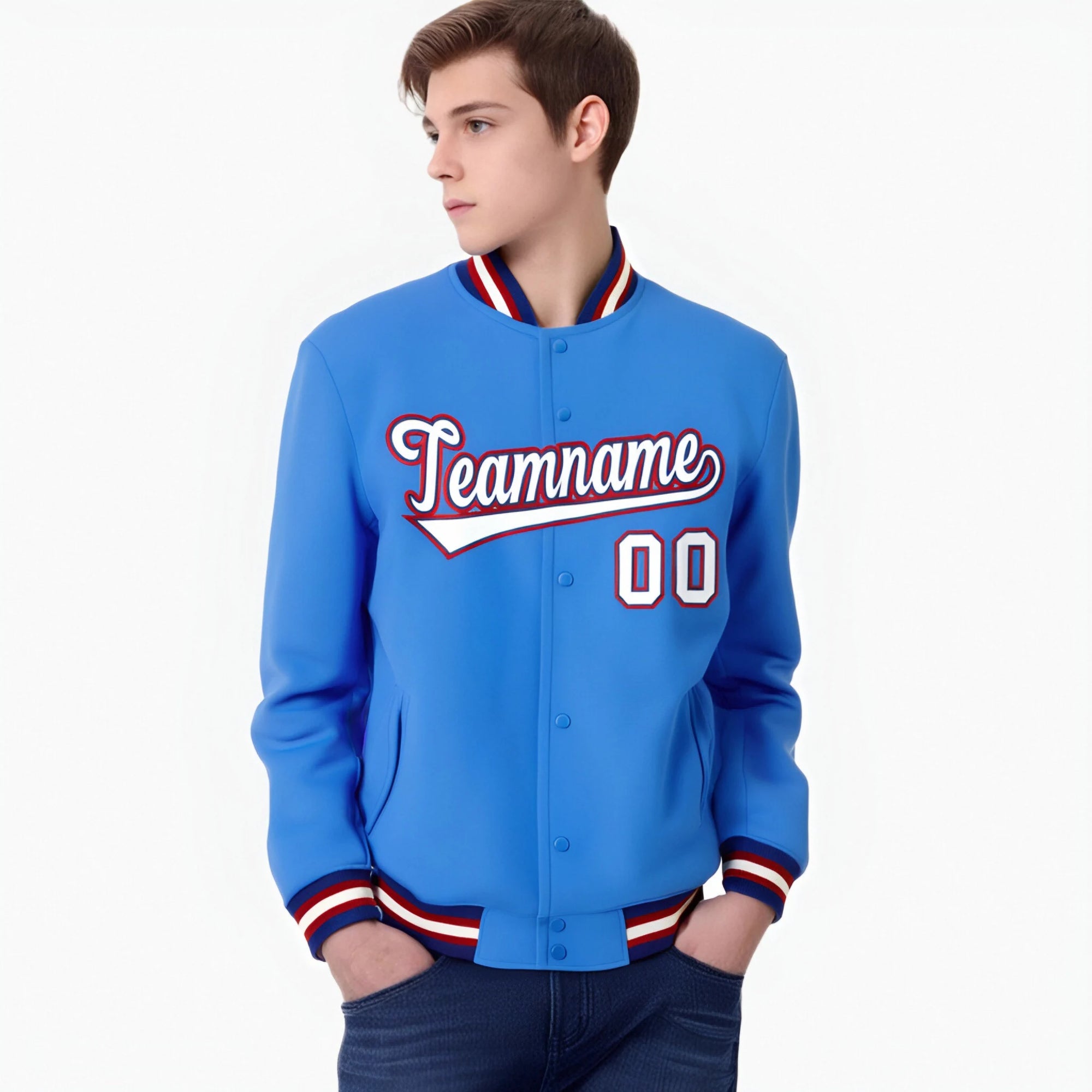 Custom Light Blue White-Red Bomber Full-Snap Varsity Letterman Jacket