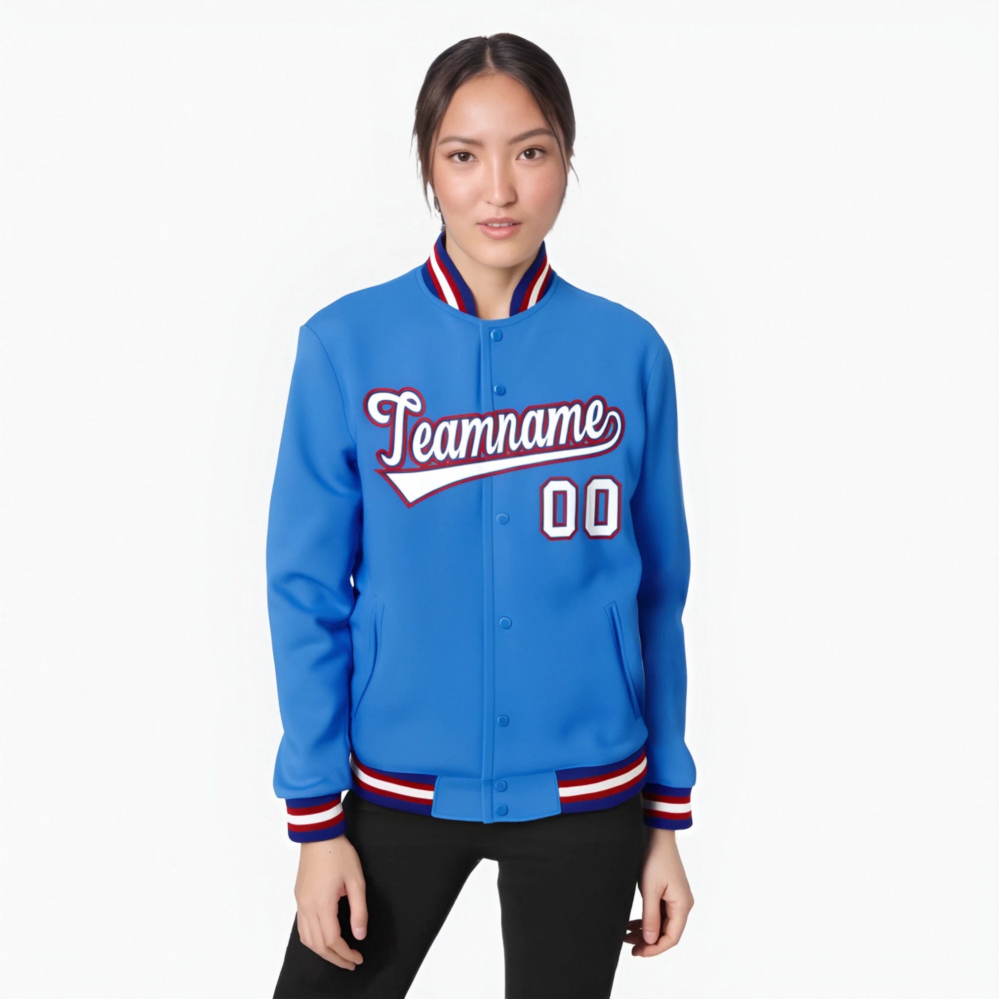 Custom Light Blue White-Red Bomber Full-Snap Varsity Letterman Jacket