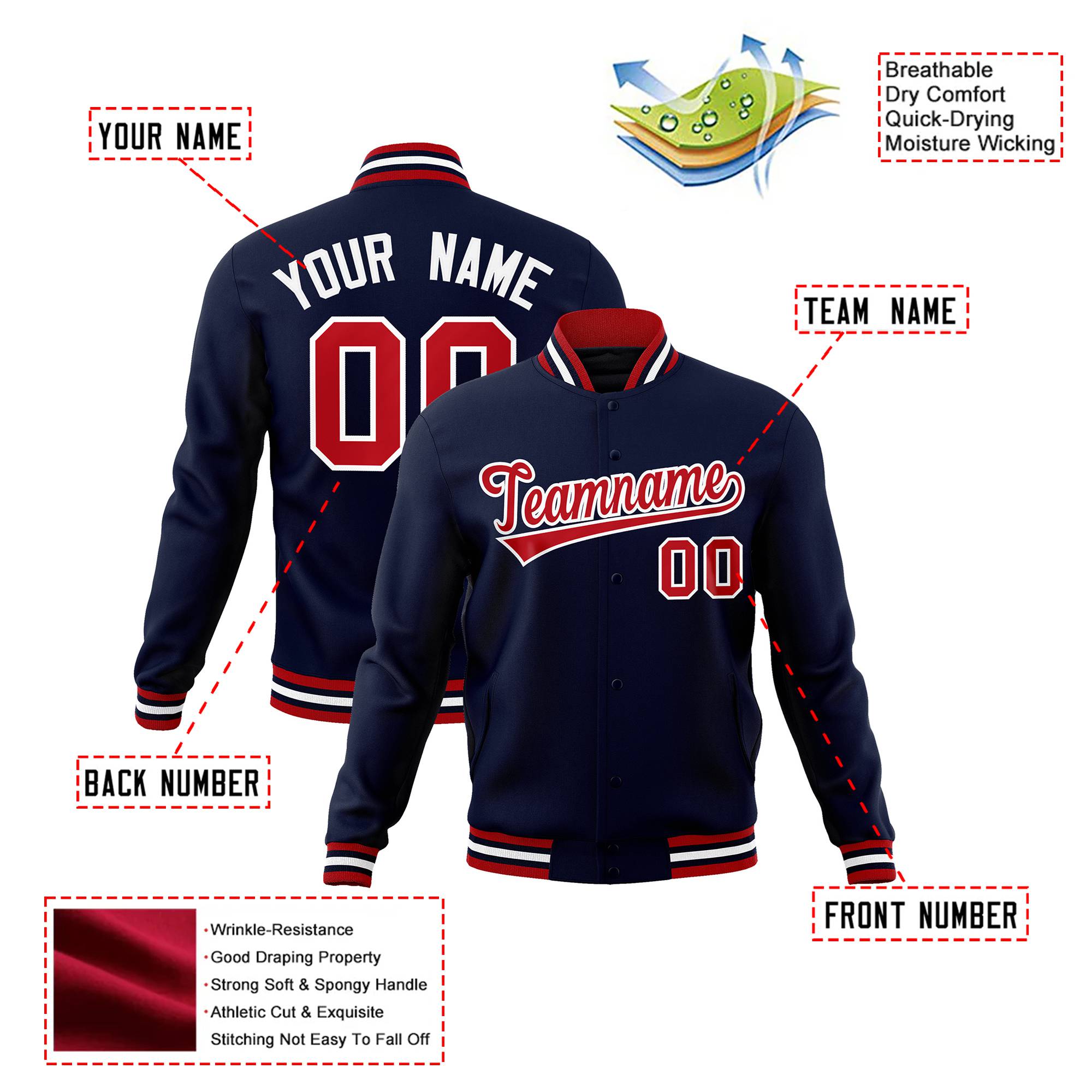 Custom Navy Fire Red White Bomber Full-Snap Varsity Letterman Jacket