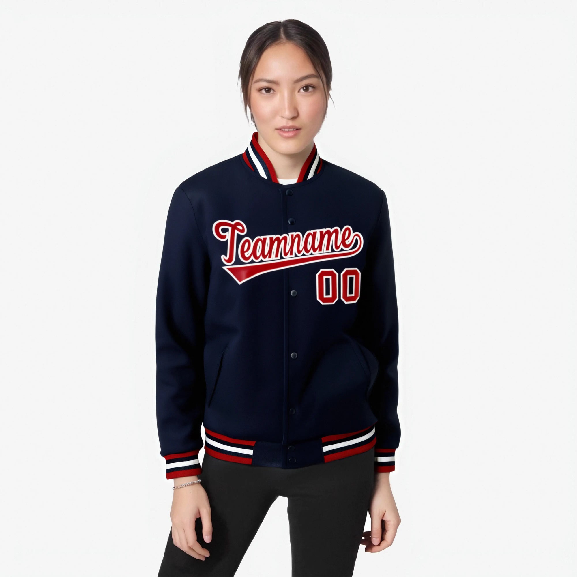 Custom Navy Fire Red White Bomber Full-Snap Varsity Letterman Jacket