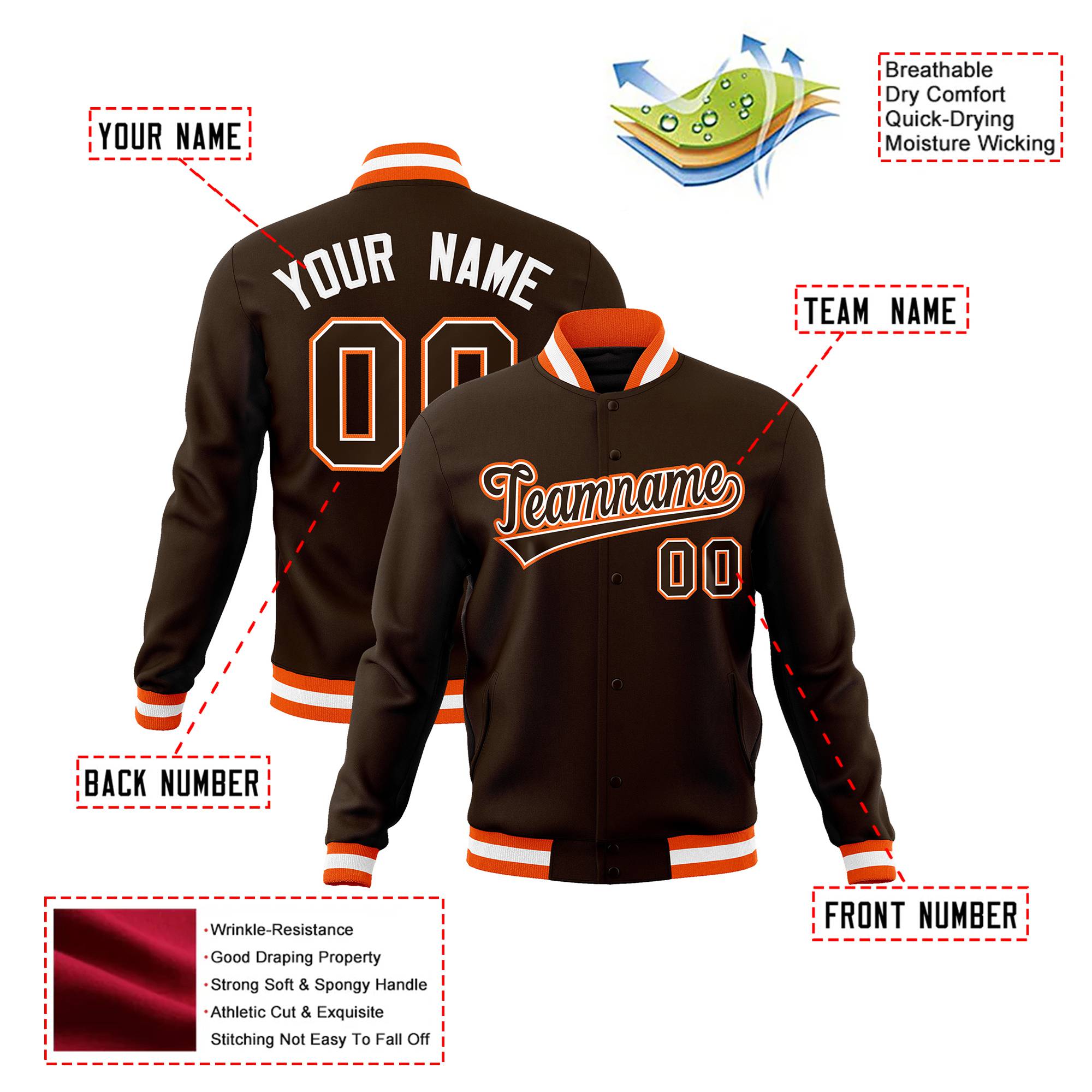 Custom Olive White Orange Bomber Full-Snap Varsity Letterman Jacket