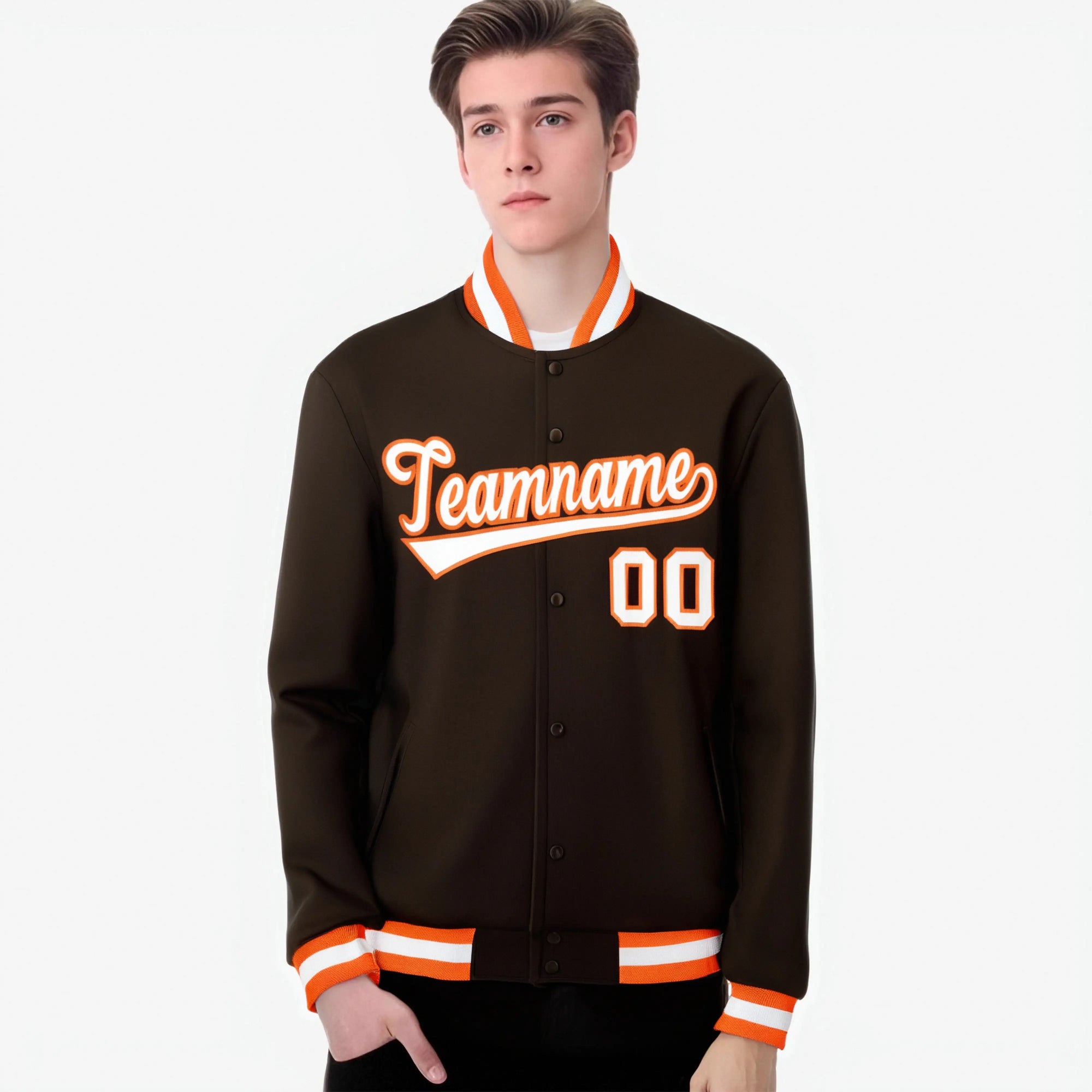 Custom Olive Orange White Bomber Full-Snap Varsity Letterman Jacket