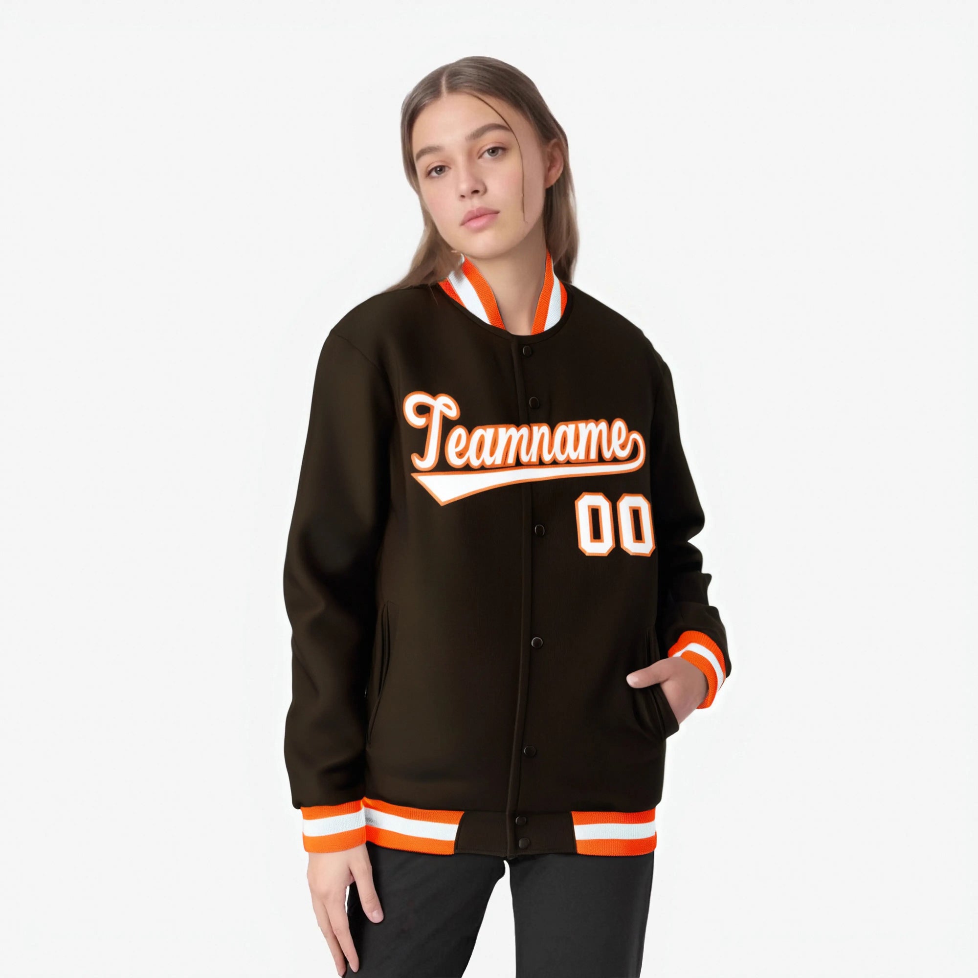 Custom Olive Orange White Bomber Full-Snap Varsity Letterman Jacket