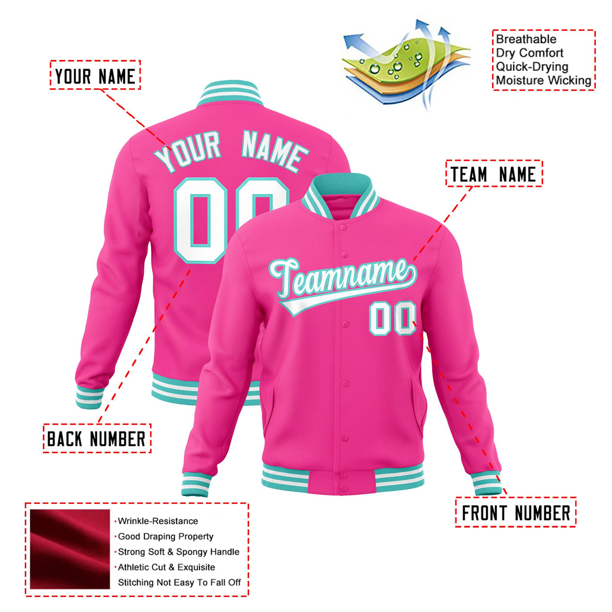 Custom Pink White Aqua Bomber Full-Snap Varsity Letterman Jacket