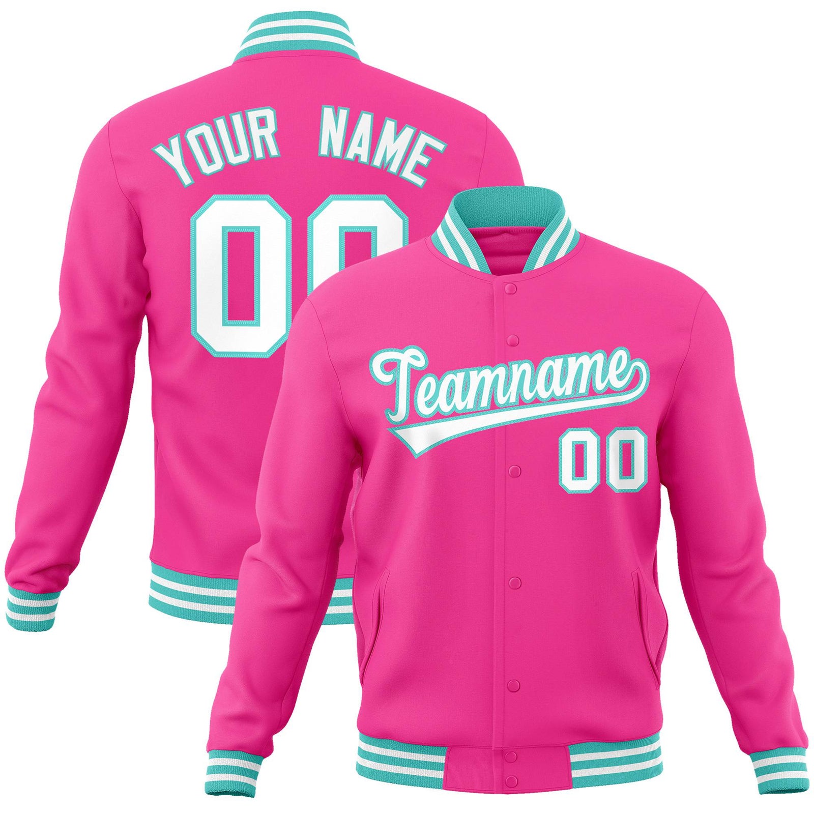 Custom Pink White Aqua Bomber Full-Snap Varsity Letterman Jacket