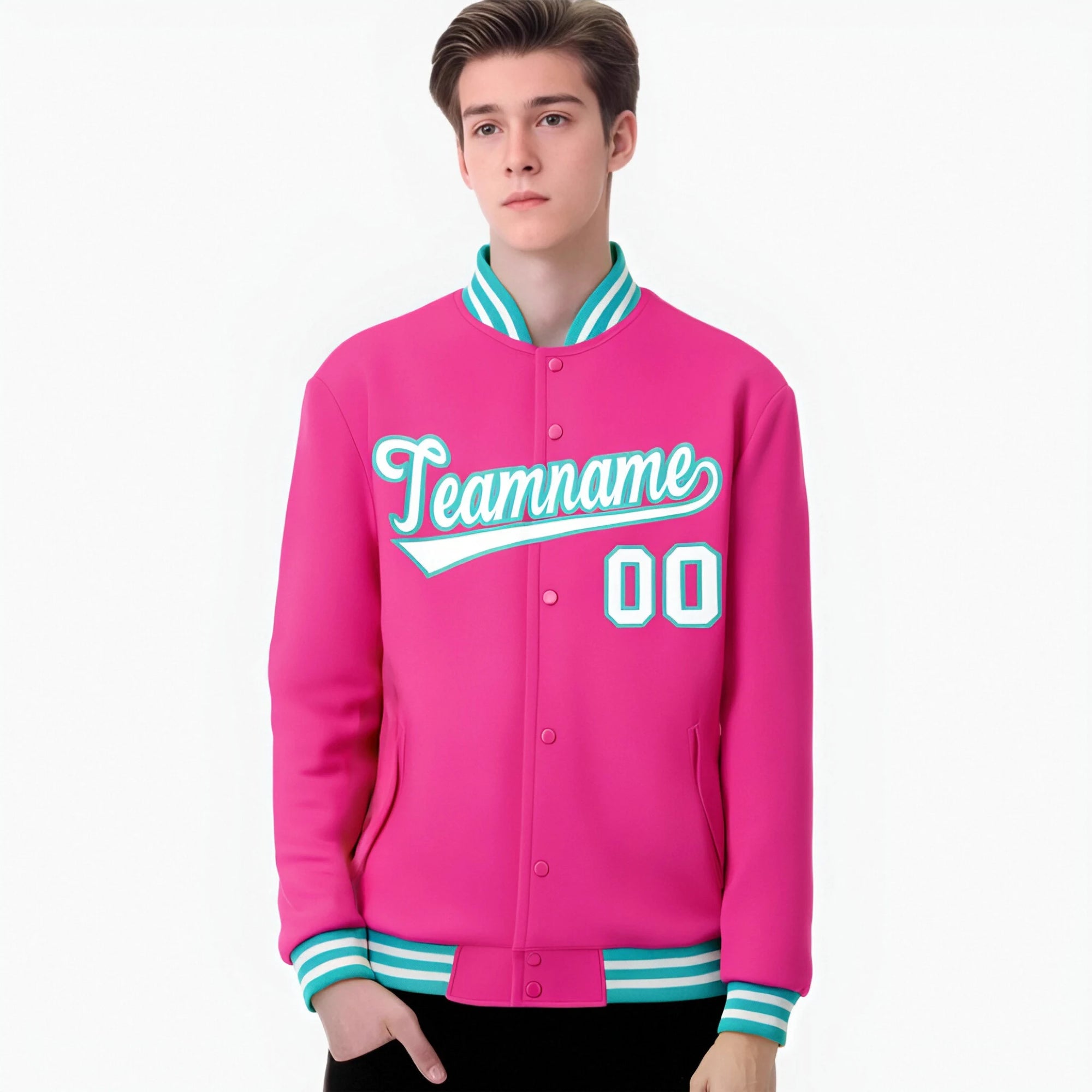 Custom Pink White Aqua Bomber Full-Snap Varsity Letterman Jacket