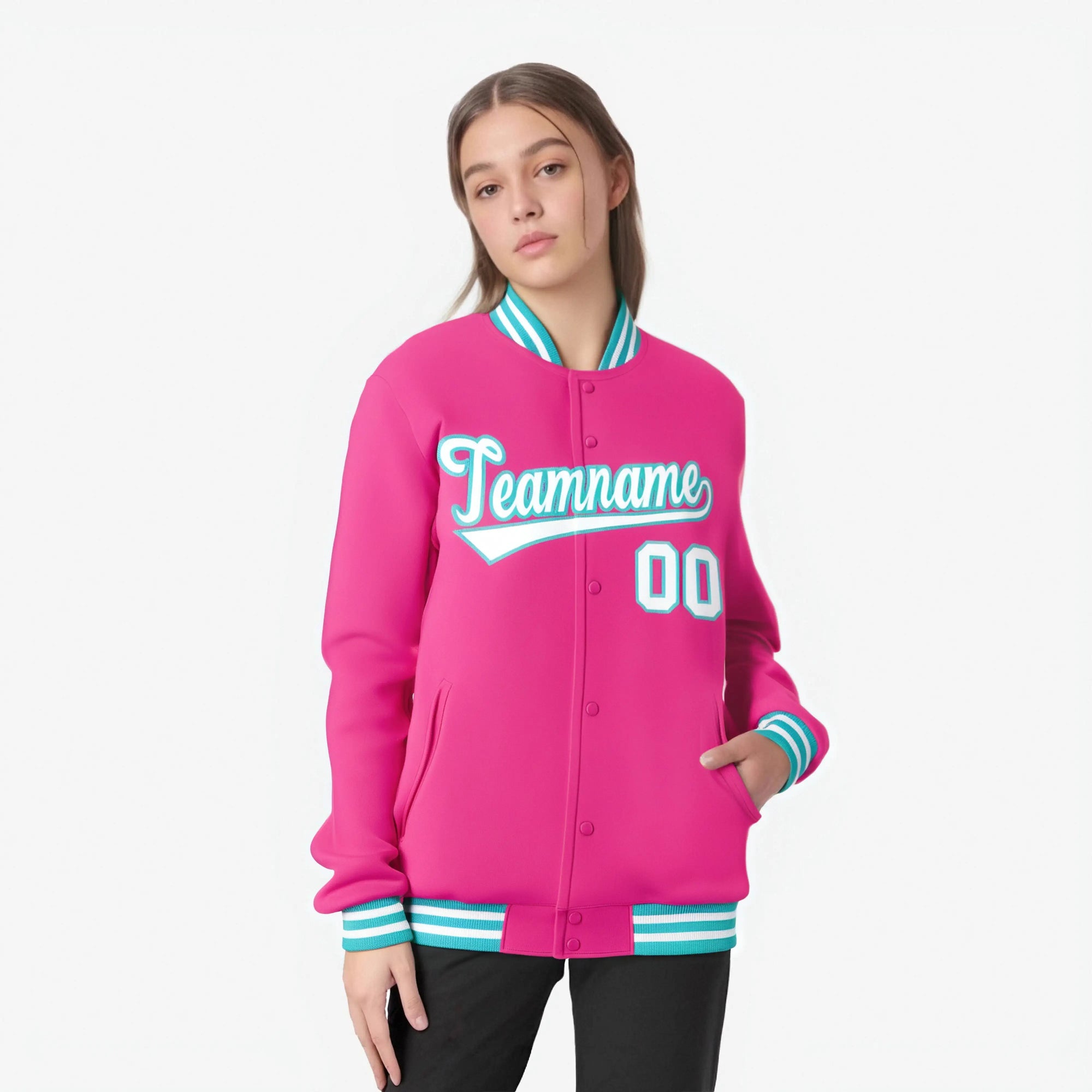 Custom Pink White Aqua Bomber Full-Snap Varsity Letterman Jacket