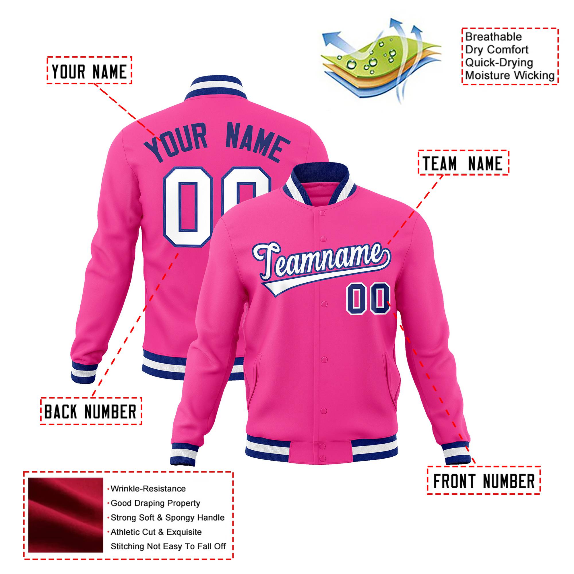 Custom Pink White Navy Bomber Full-Snap Varsity Letterman Jacket