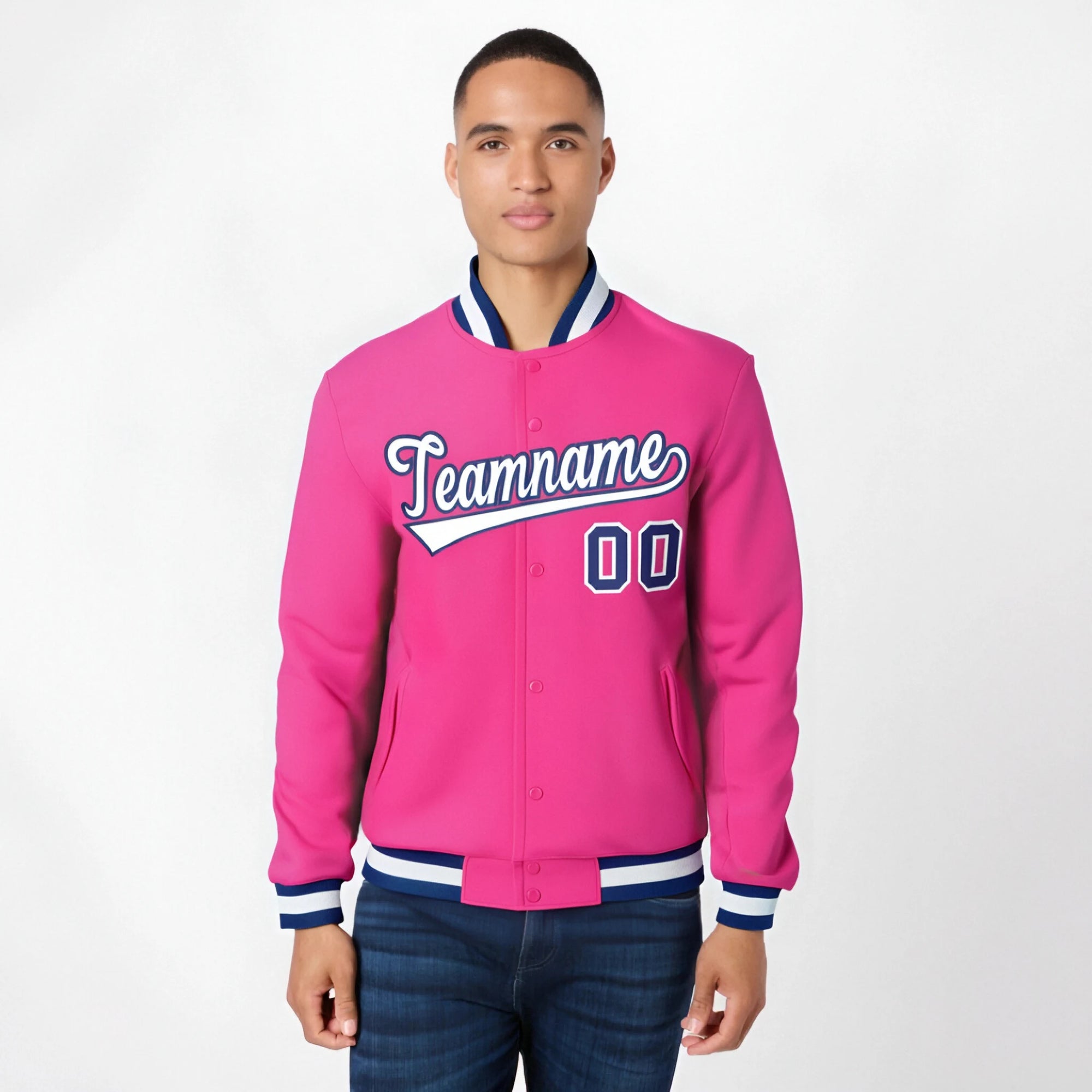 Custom Pink White Navy Bomber Full-Snap Varsity Letterman Jacket