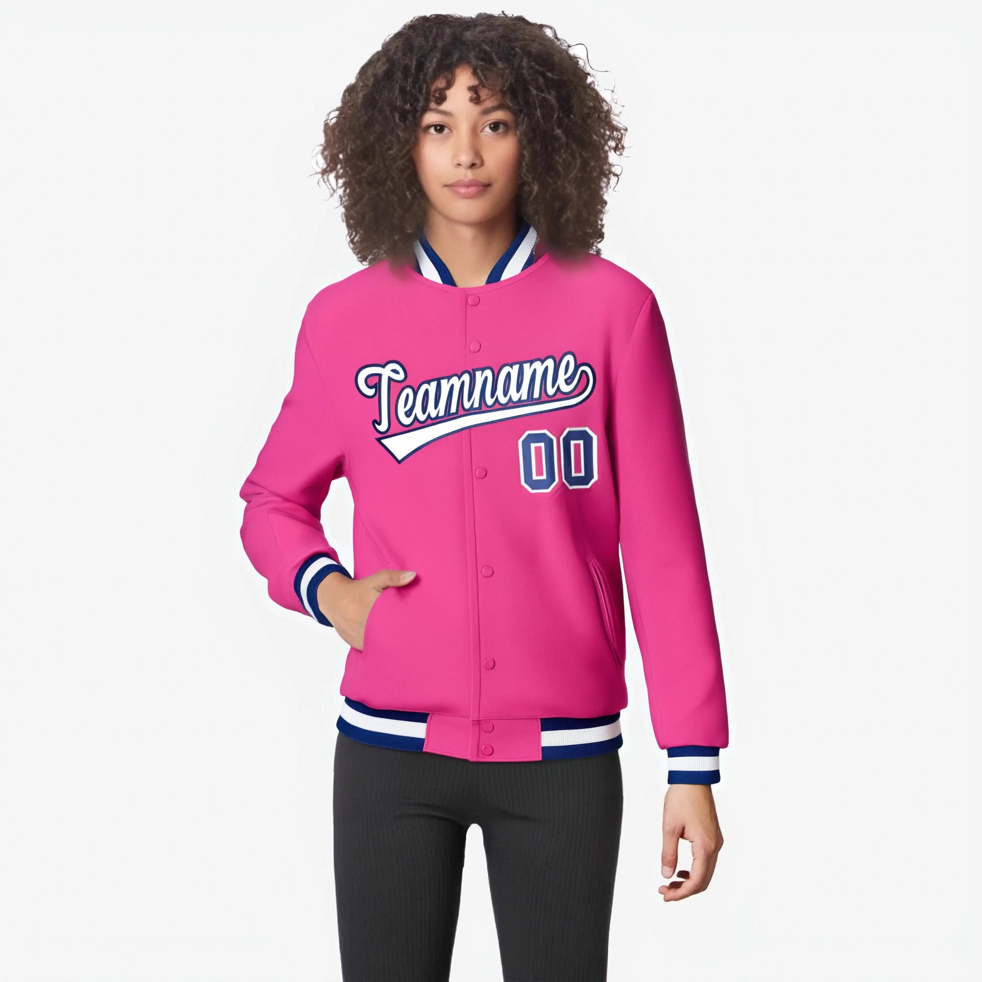 Custom Pink White Navy Bomber Full-Snap Varsity Letterman Jacket