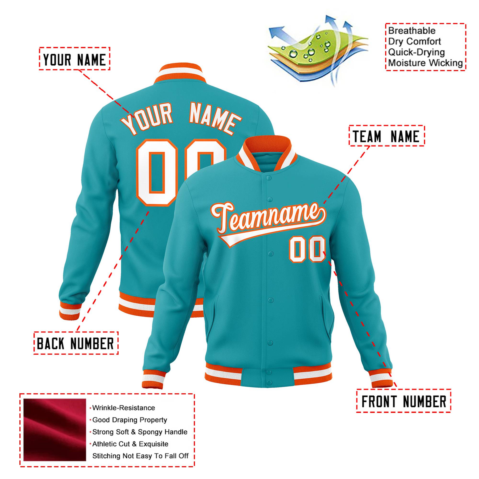 Custom Aqua White Orange Bomber Full-Snap Varsity Letterman Jacket