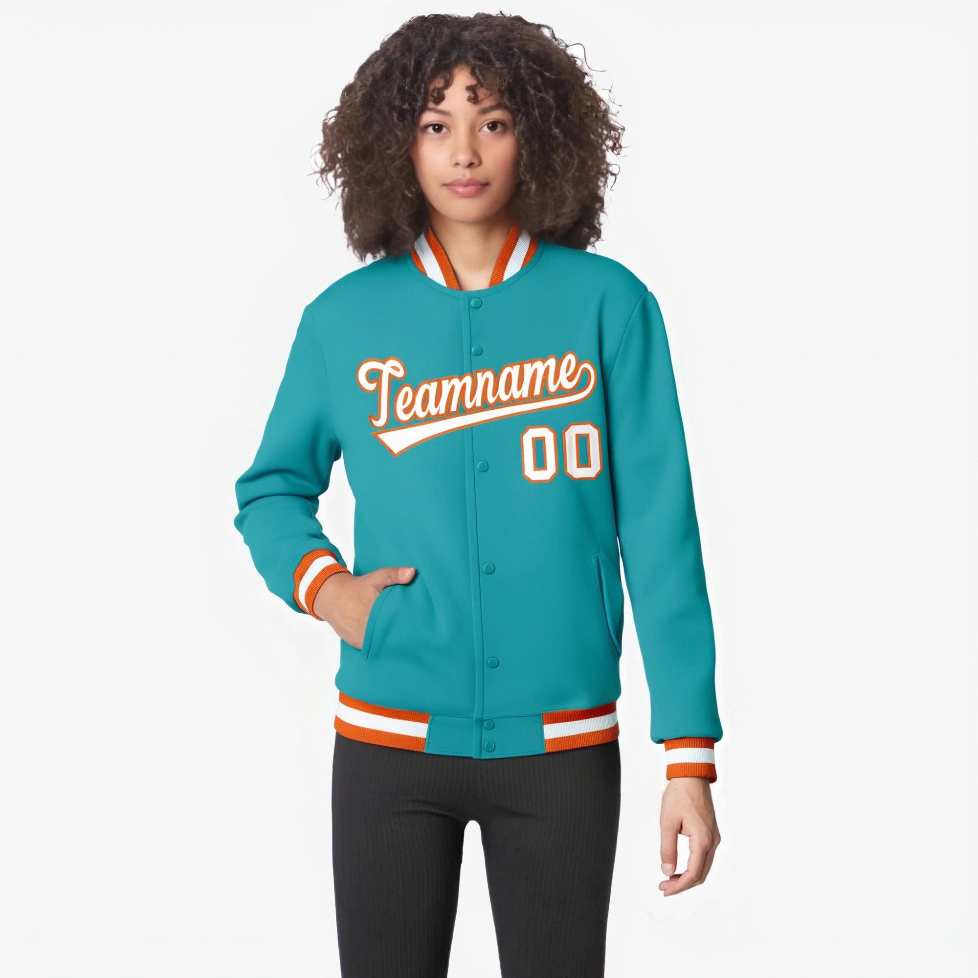 Custom Aqua White Orange Bomber Full-Snap Varsity Letterman Jacket