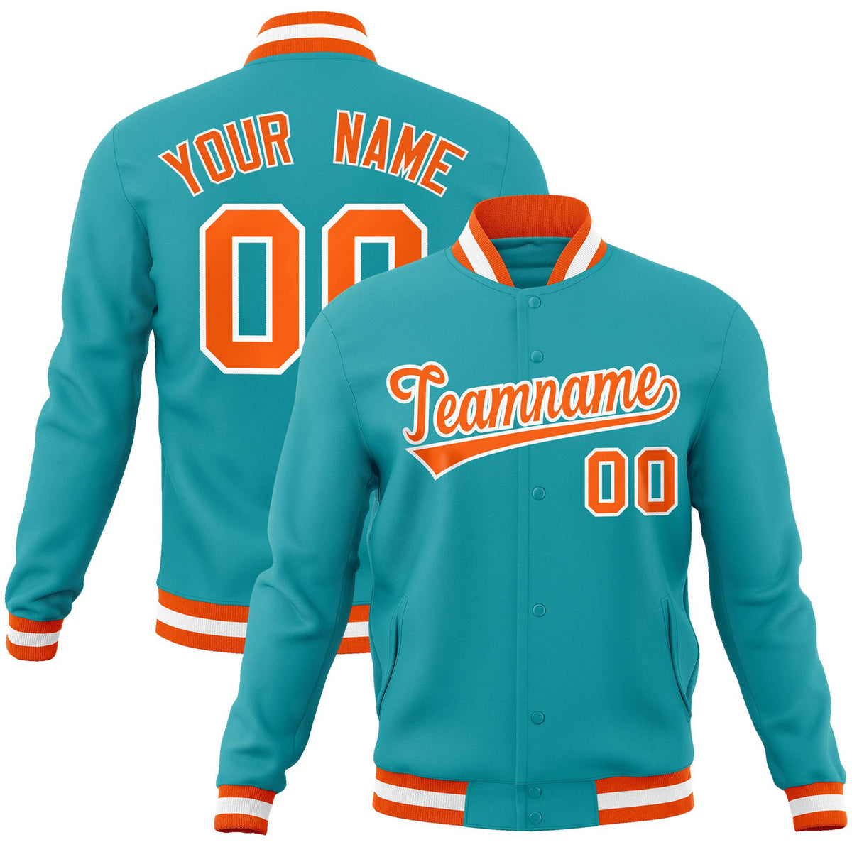 Custom Aqua Orange White Bomber Full-Snap Varsity Letterman Jacket