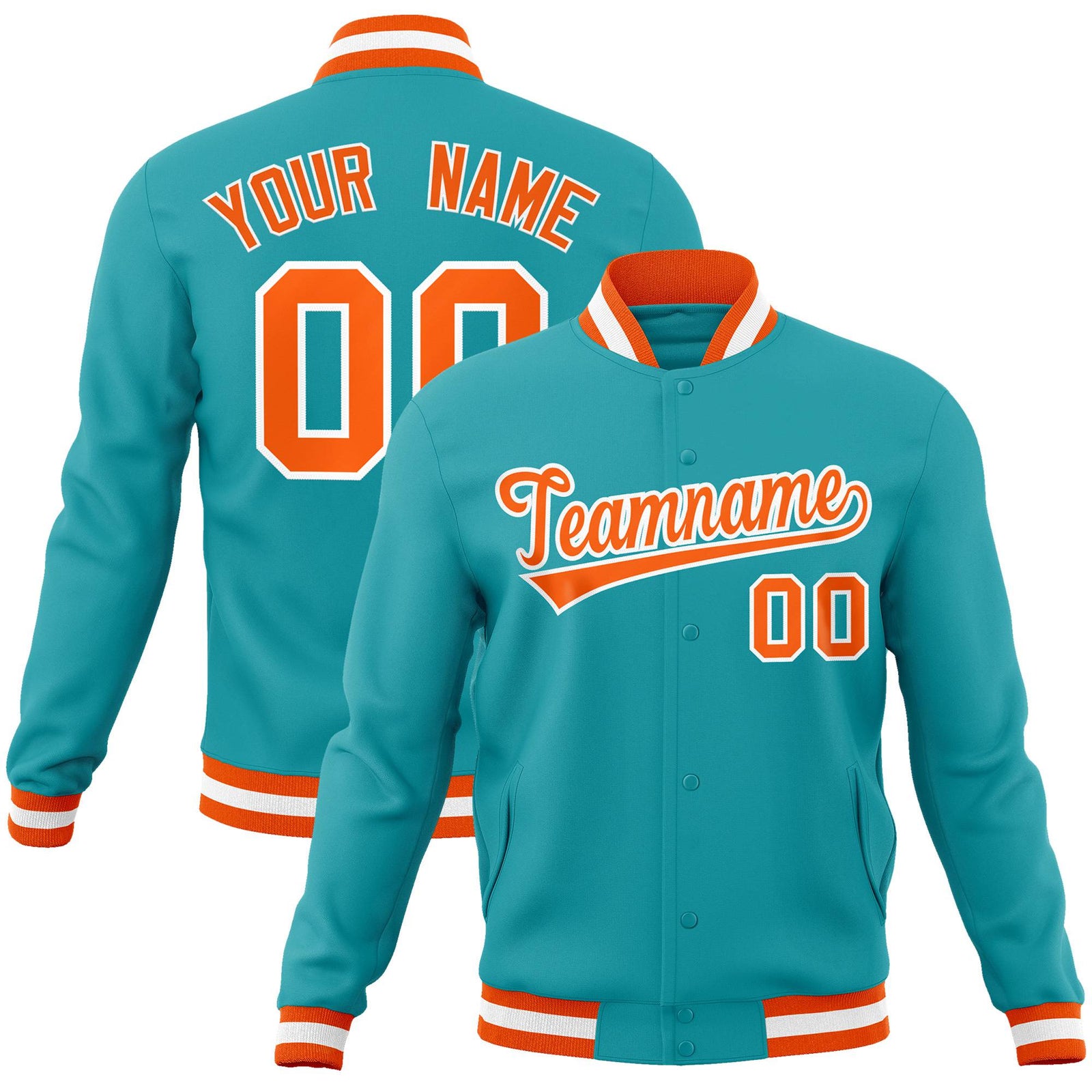Custom Aqua Orange White Bomber Full-Snap Varsity Letterman Jacket