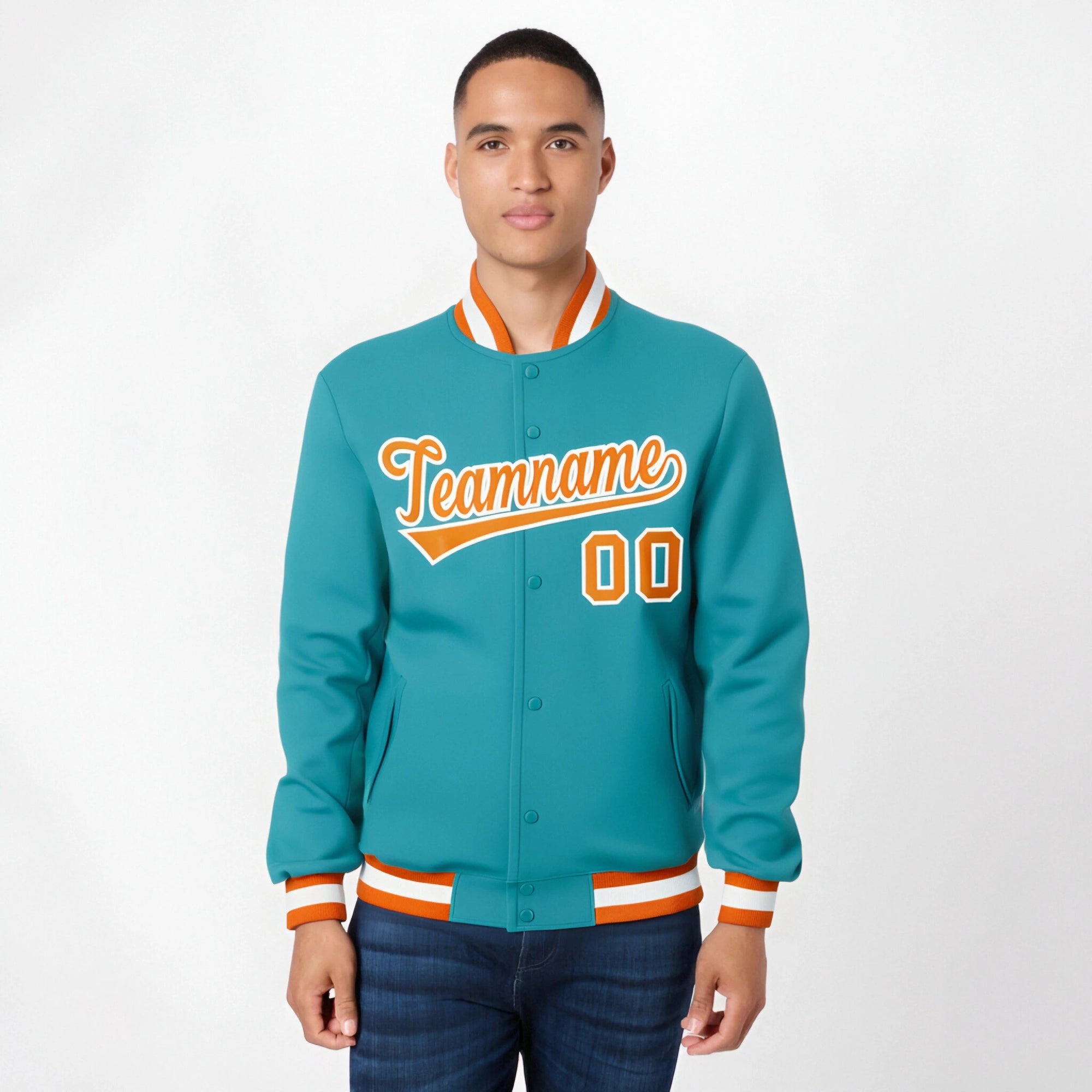 Custom Aqua Orange White Bomber Full-Snap Varsity Letterman Jacket