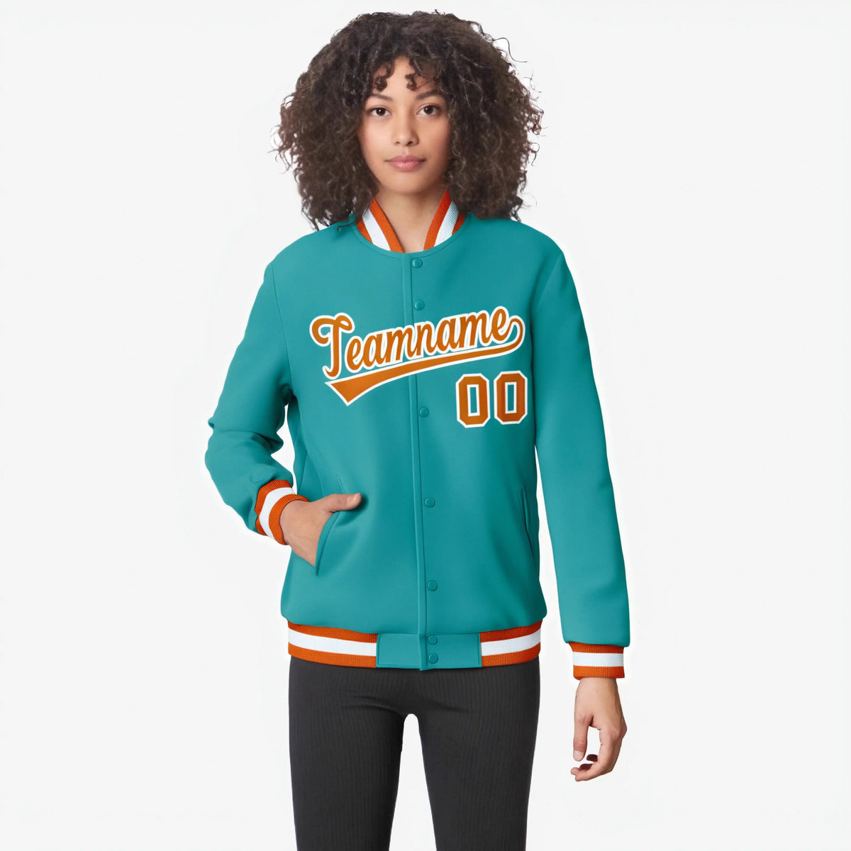 Custom Aqua Orange White Bomber Full-Snap Varsity Letterman Jacket