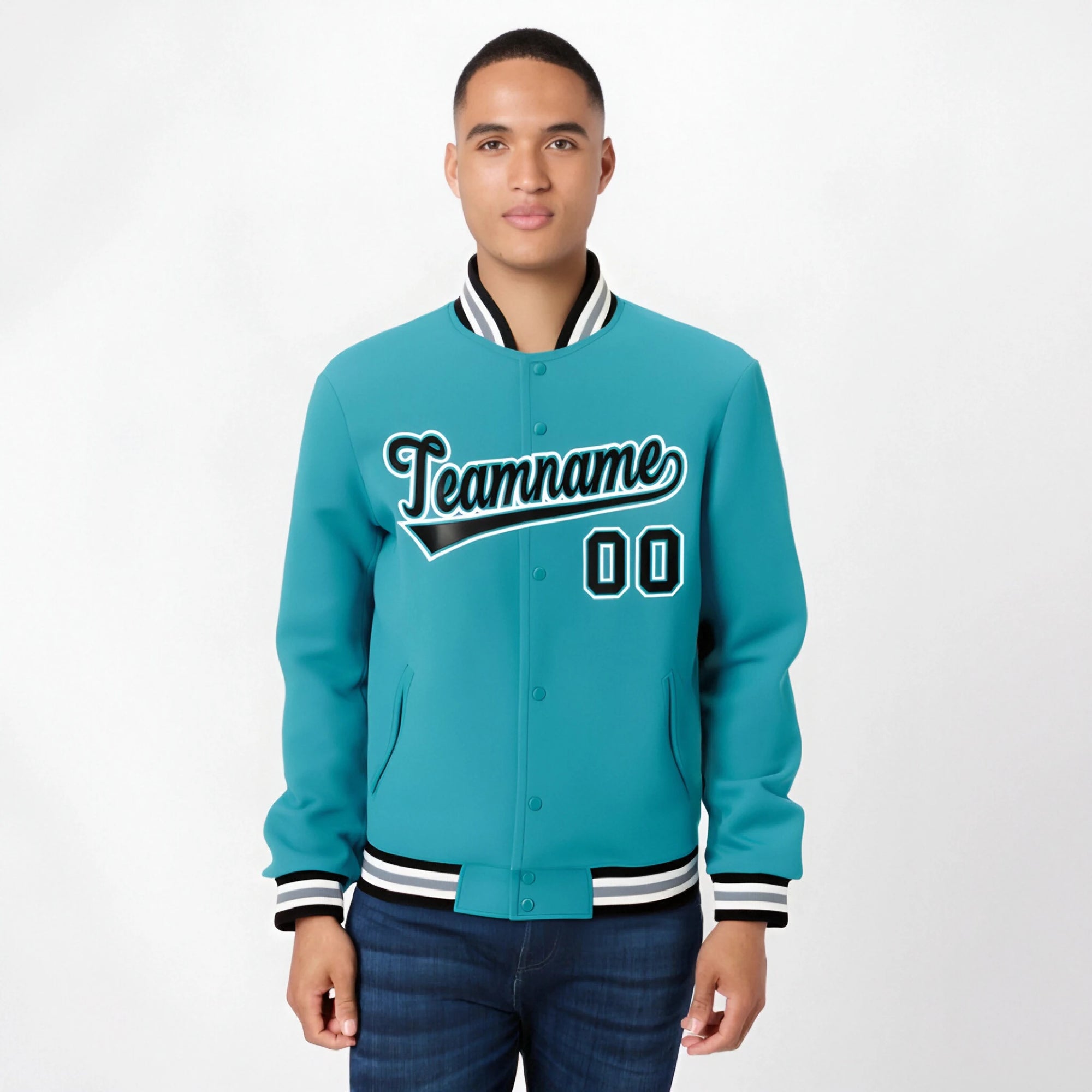 Custom Aqua Navy White Bomber Full-Snap Varsity Letterman Jacket