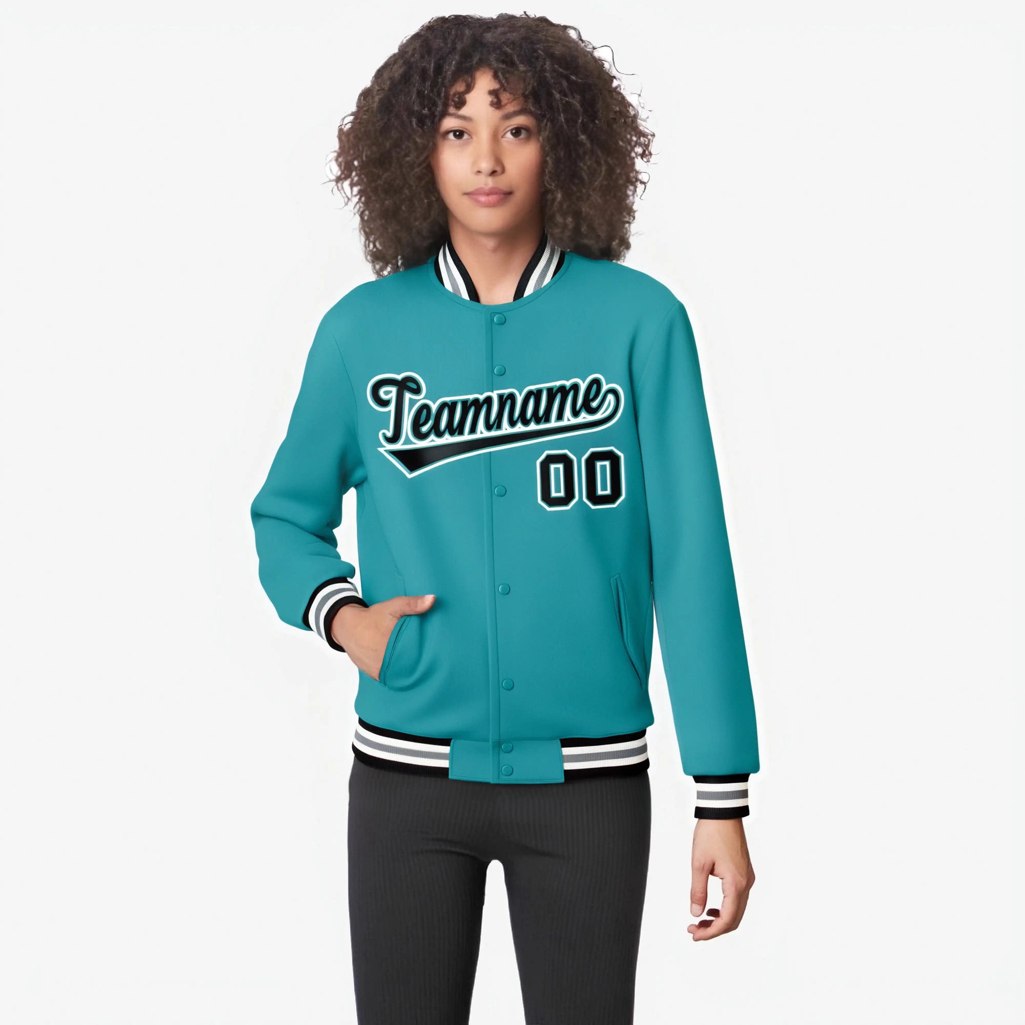 Custom Aqua Navy White Bomber Full-Snap Varsity Letterman Jacket