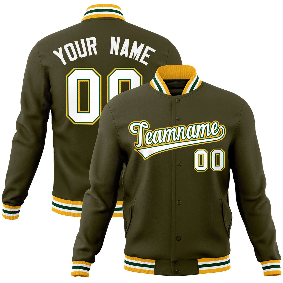 Custom Olive White Gold Bomber Full-Snap Varsity Letterman Jacket