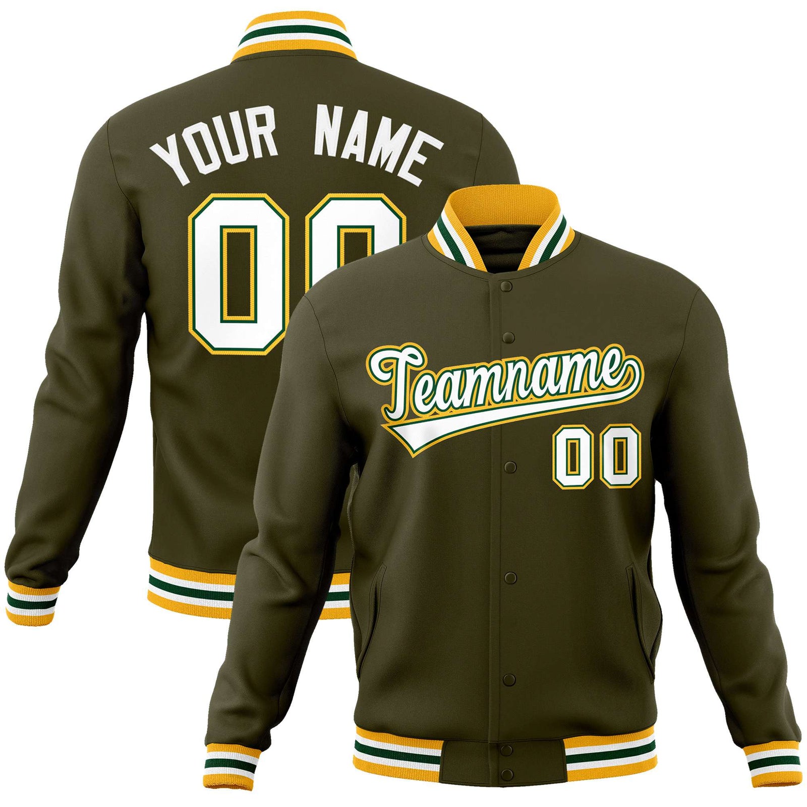 Custom Olive White Gold Bomber Full-Snap Varsity Letterman Jacket