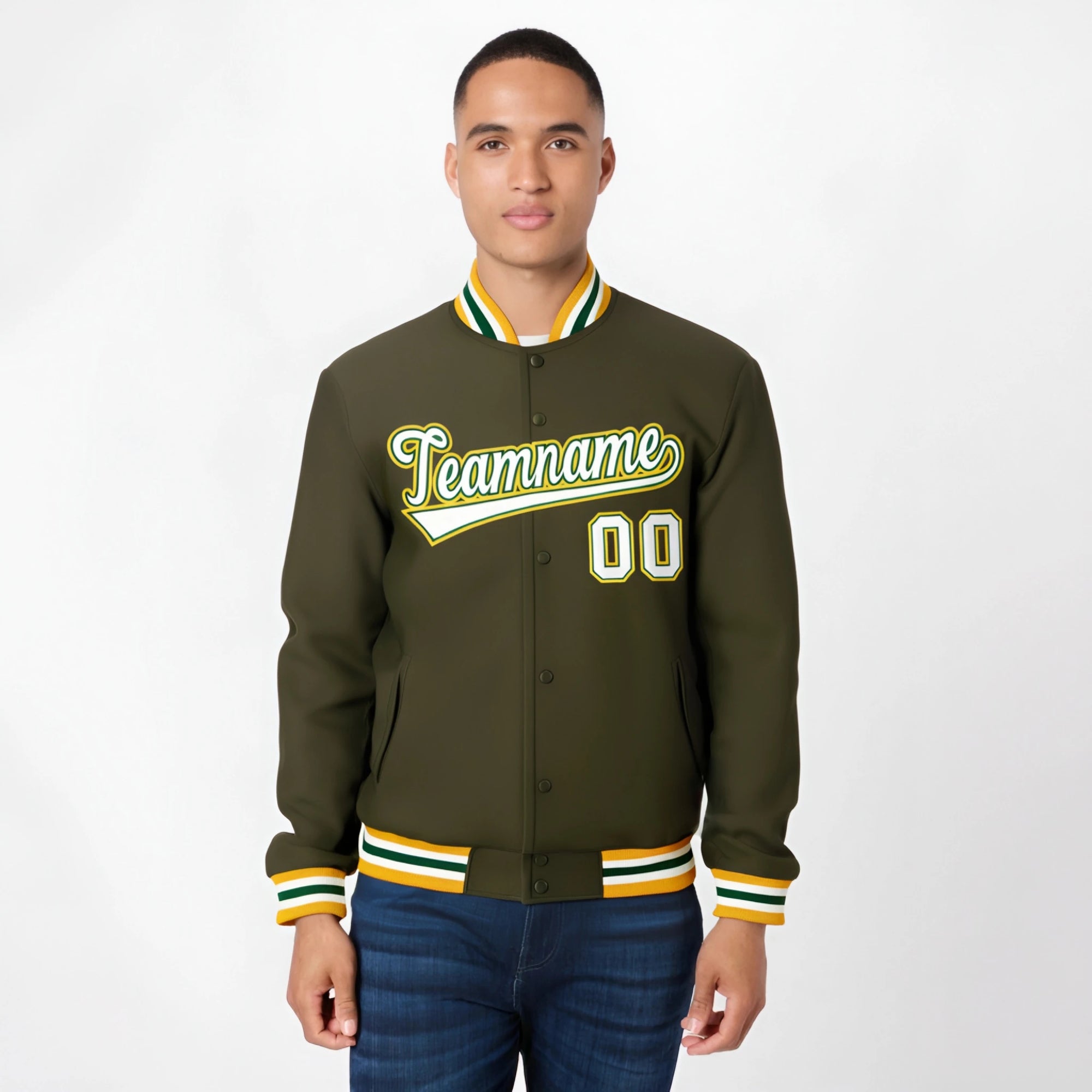 Custom Olive White Gold Bomber Full-Snap Varsity Letterman Jacket