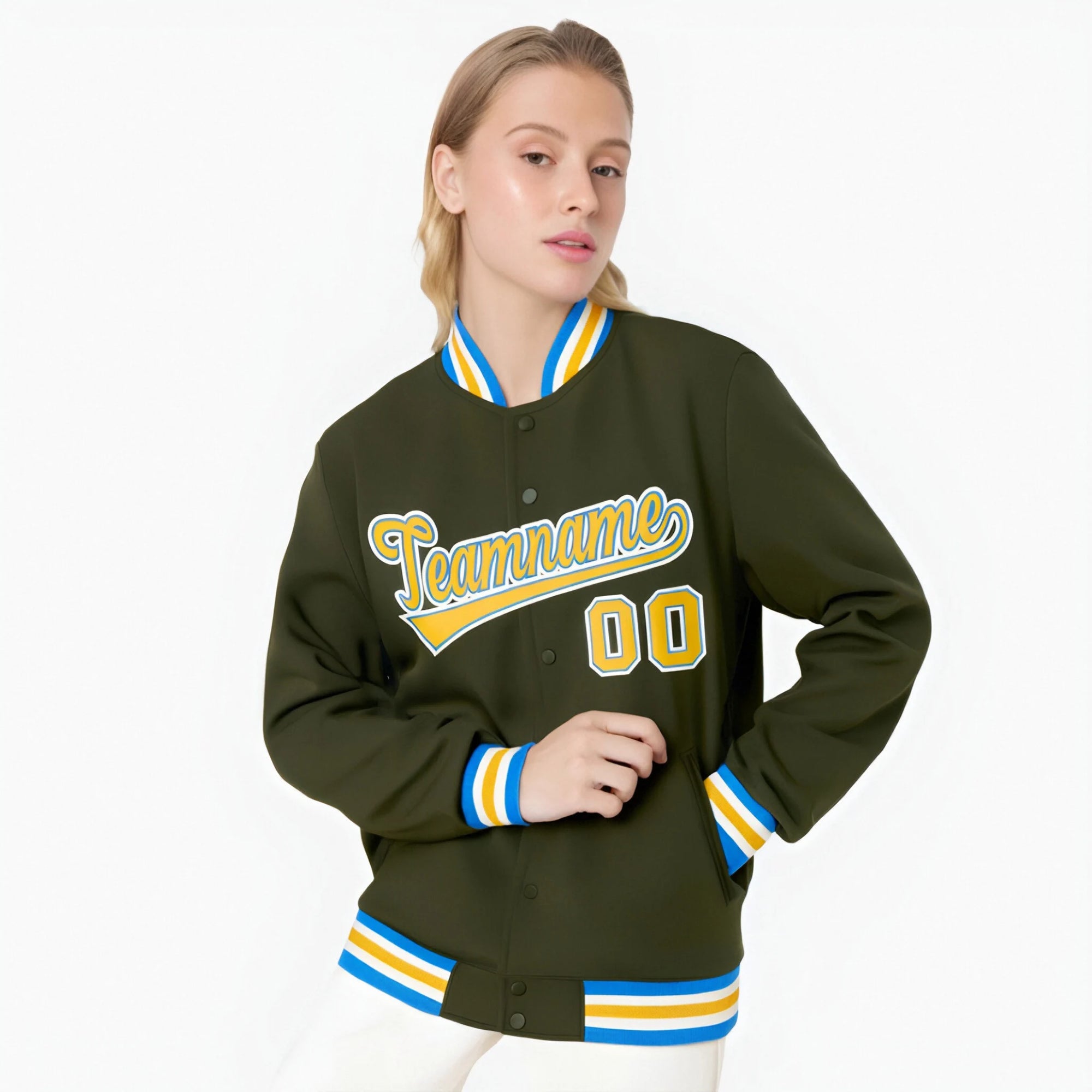 Custom Olive Gold White Bomber Full-Snap Varsity Letterman Jacket