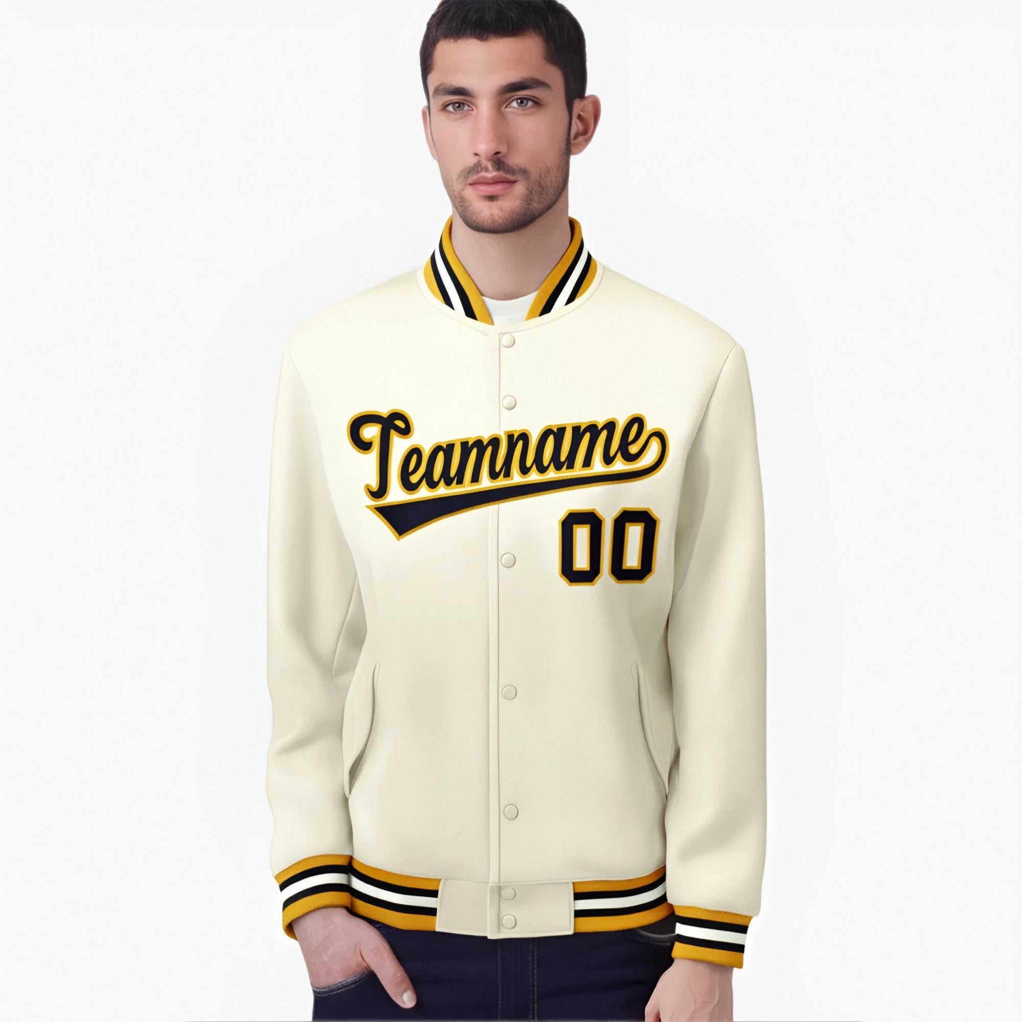 Custom Cream Navy Gold Bomber Full-Snap Varsity Letterman Jacket