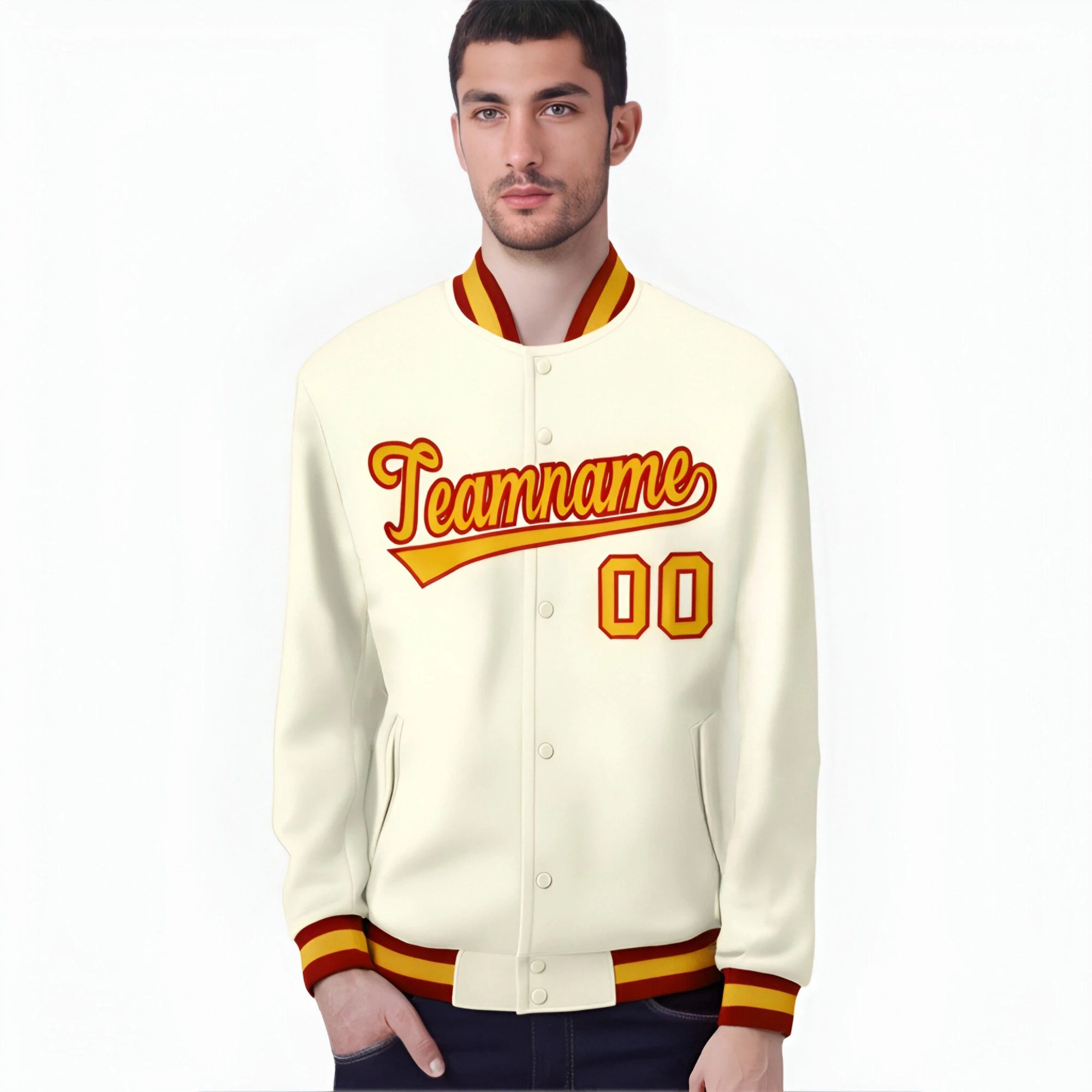 Custom Cream Yellow Red Bomber Full-Snap Varsity Letterman Jacket