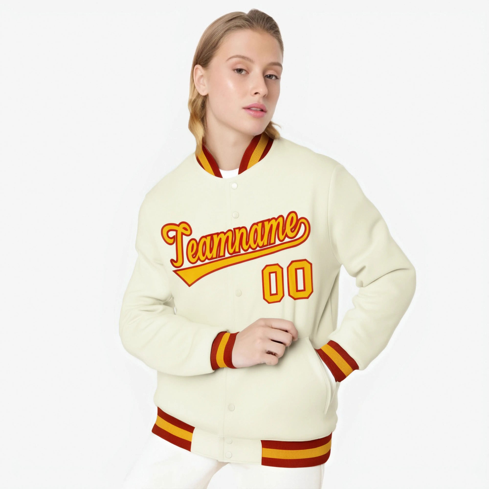 Custom Cream Yellow Red Bomber Full-Snap Varsity Letterman Jacket