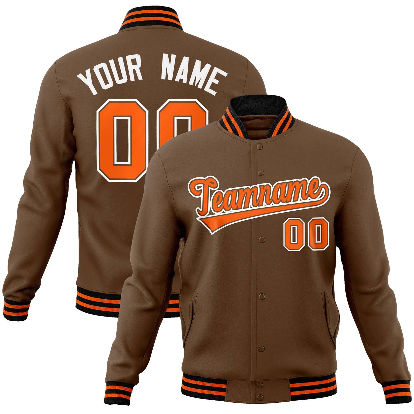Custom Brown Orange White Bomber Full-Snap Varsity Letterman Jacket