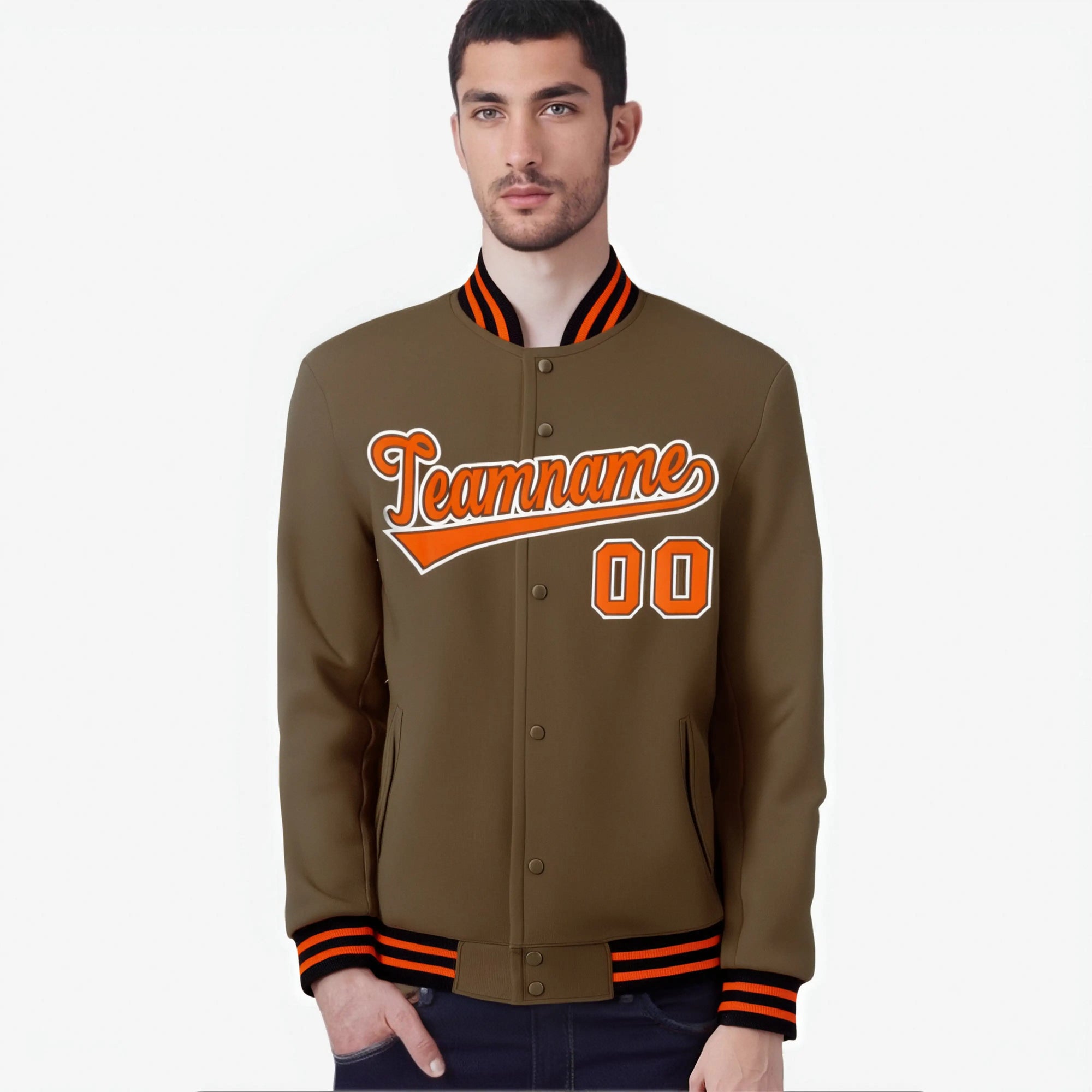 Custom Brown Orange White Bomber Full-Snap Varsity Letterman Jacket